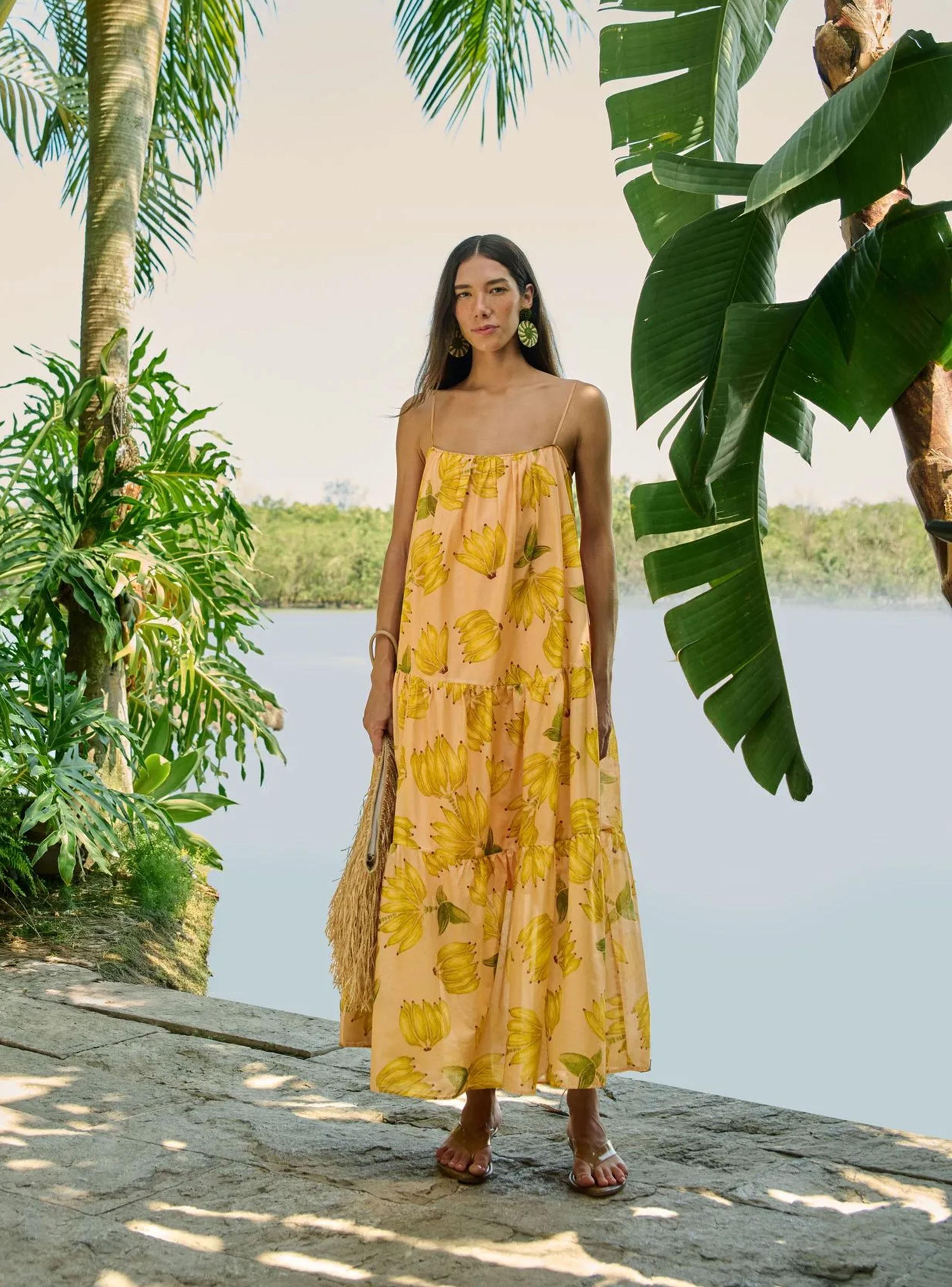 Vestido Midi con Falda Fruncida en Niveles Diseño Plátanos-3