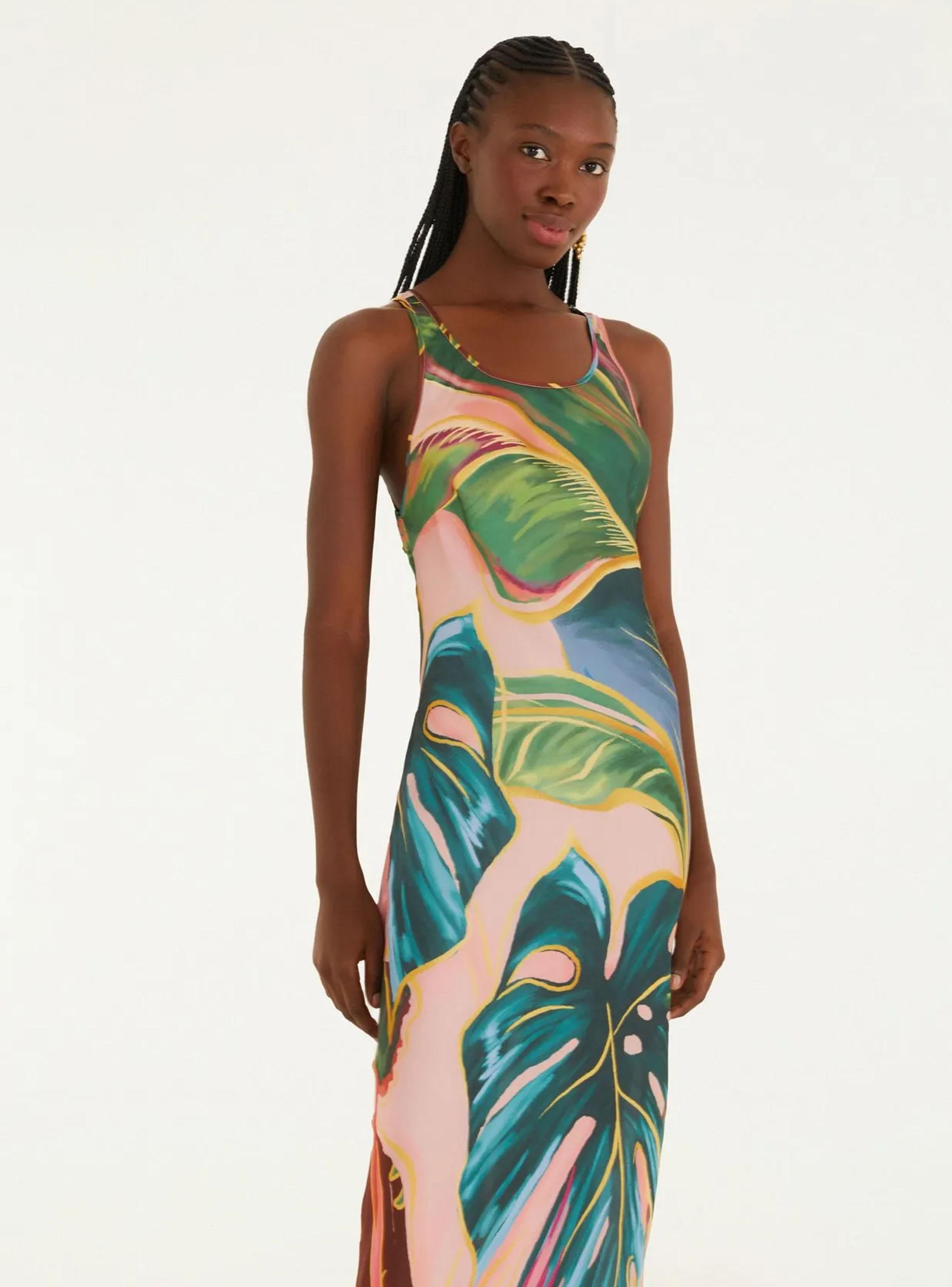 Vestido Largo Ajustado Diseño Hojas Tropicales-2