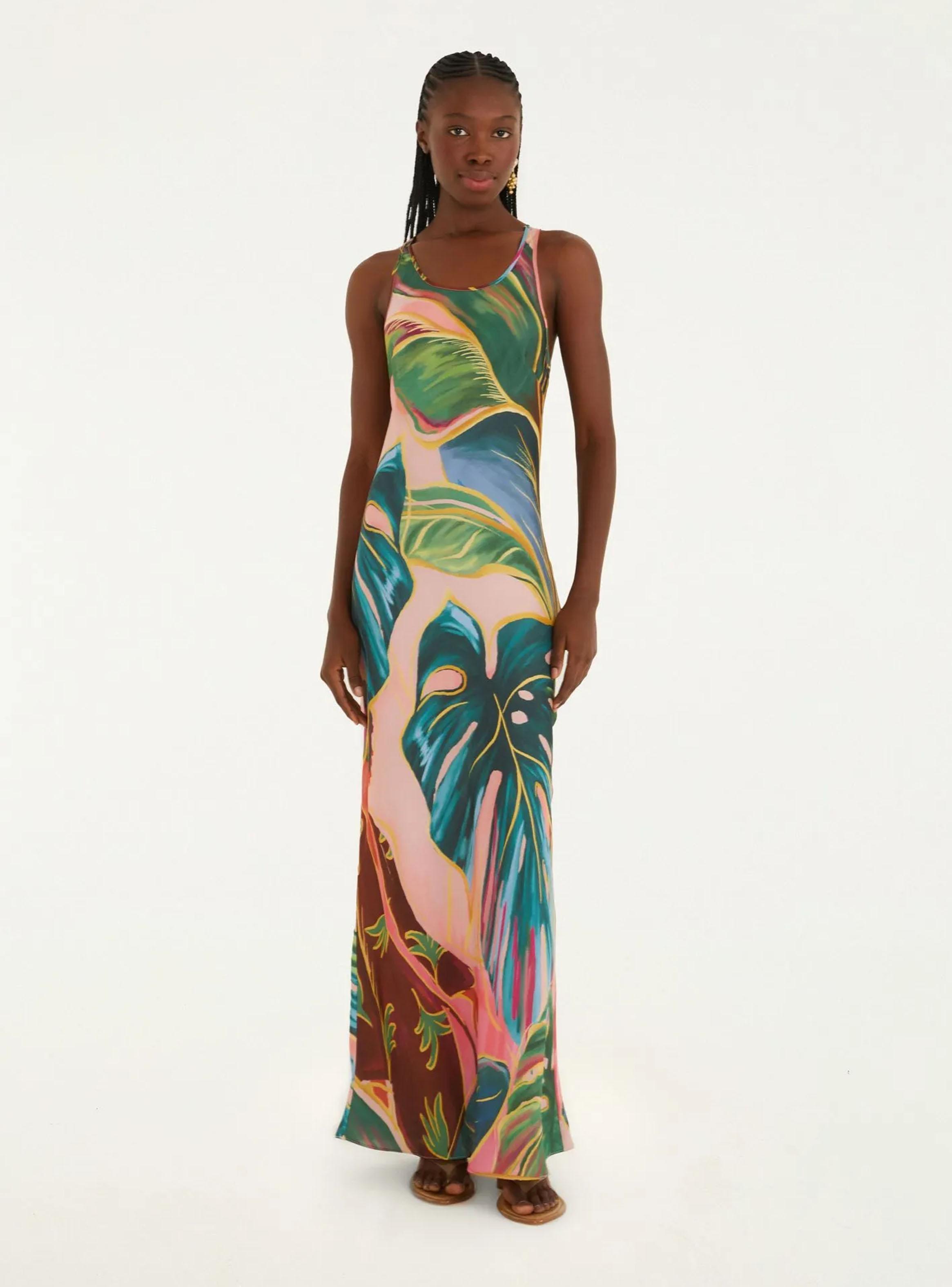 Vestido Largo Ajustado Diseño Hojas Tropicales-0