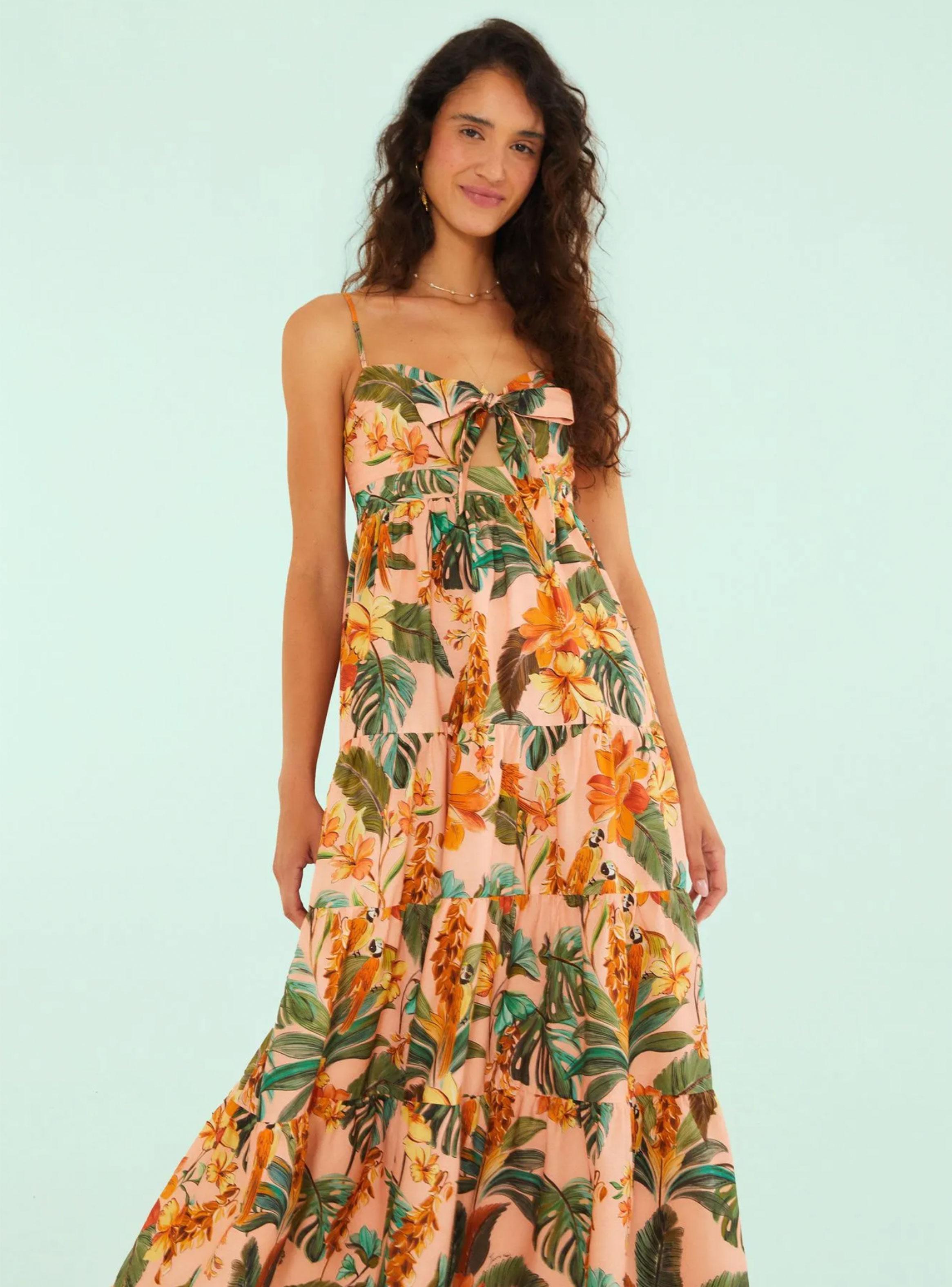 Vestido Midi con Detalle de Lazo Frontal Floral Tropical-2