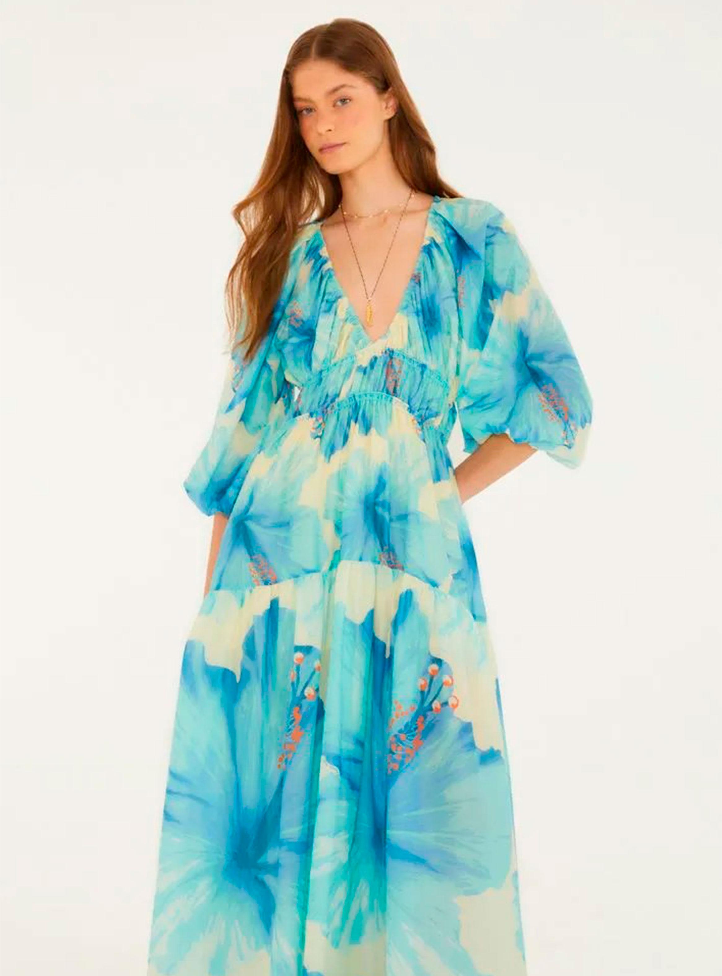 Vestido con Mangas Aglobadas Diseño Maxi Flores-2