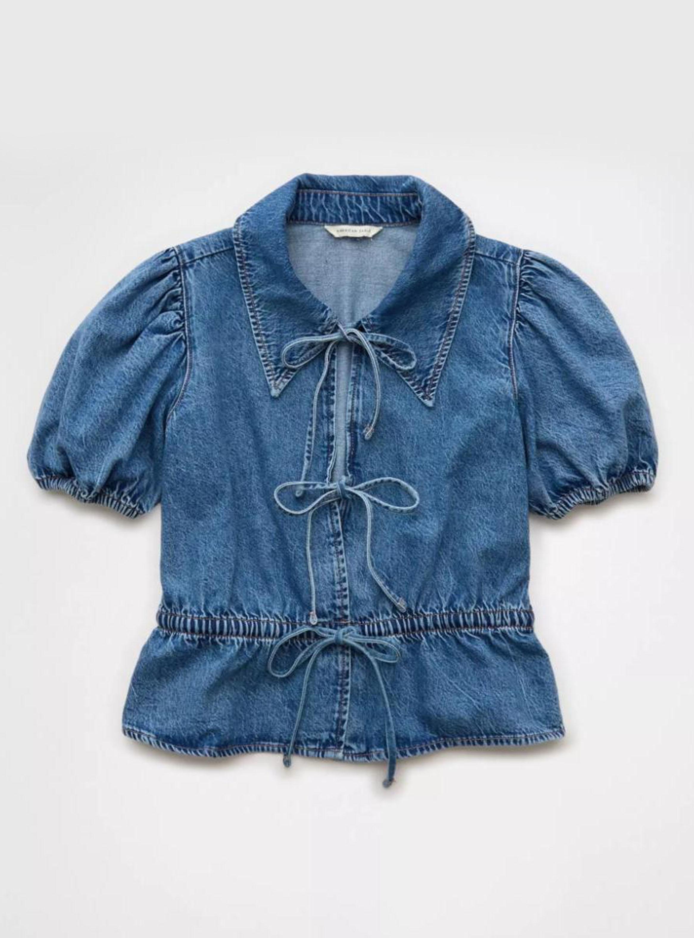 Camisa Denim con Lazo en Frente Mangas Abombadas-3