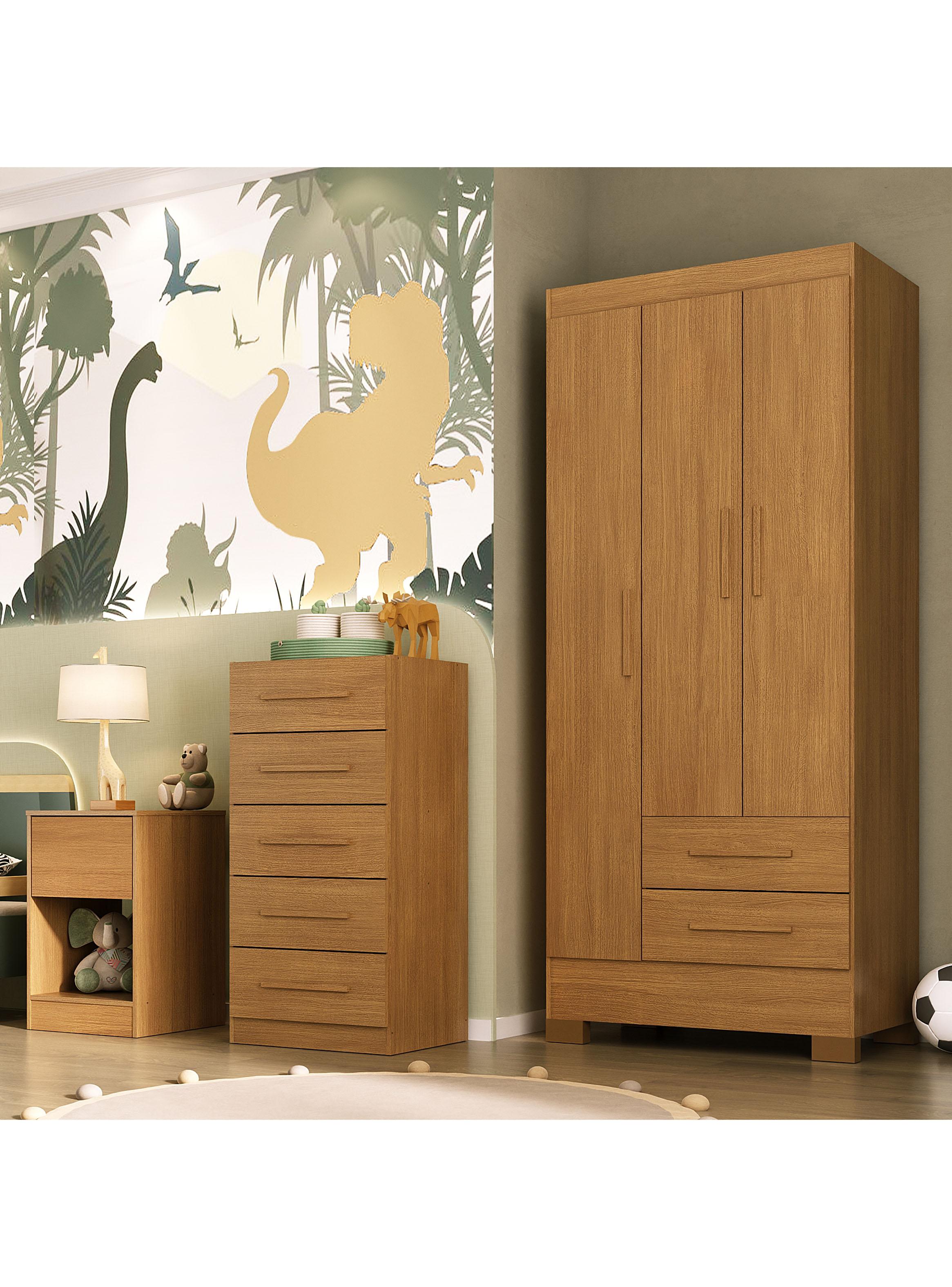 Combo Closet 3 Puertas + Cómoda 5 Cajones y Velador 1 Cajón Canela-4