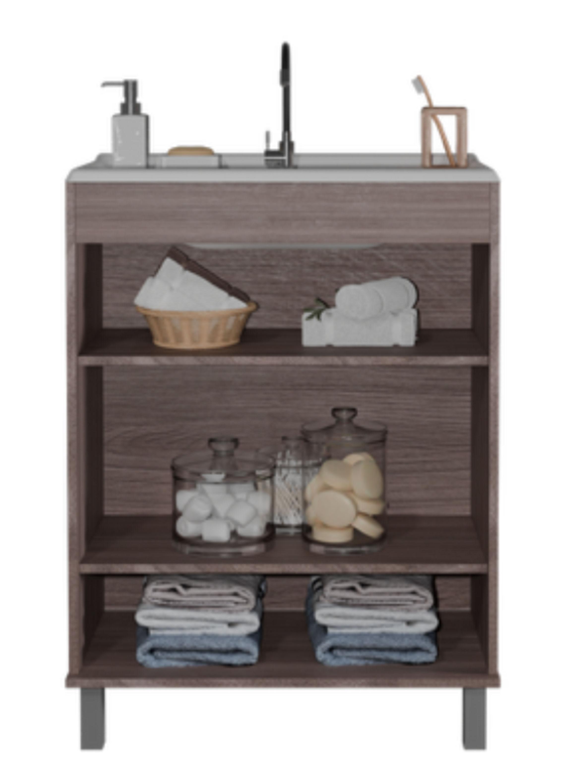 Combo Mueble Lavamanos 1 Puerta 2 Nichos + Organizador Baño WC Café Blanco-4