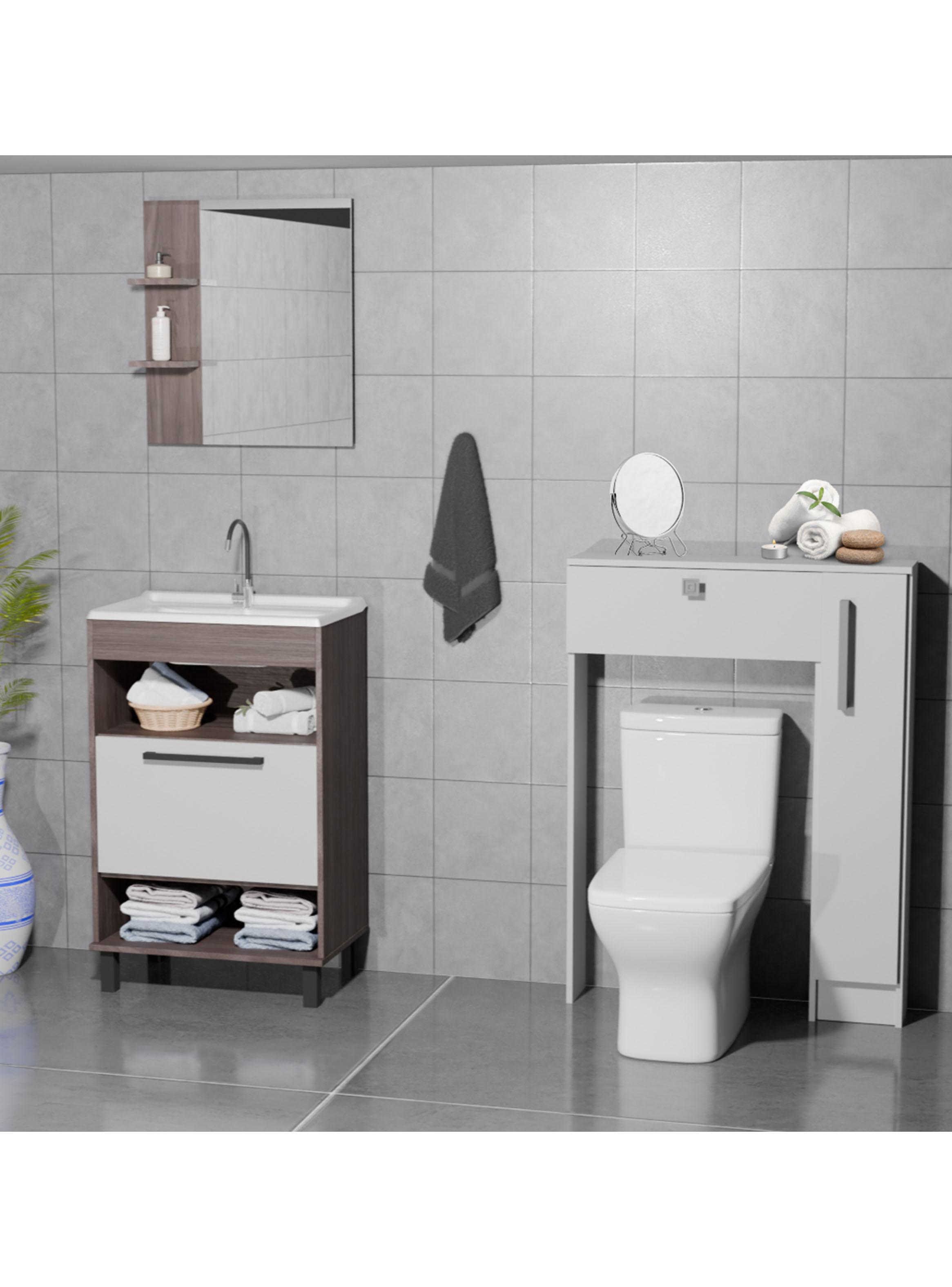 Combo Mueble Lavamanos 1 Puerta 2 Nichos + Organizador Baño WC Café Blanco-5