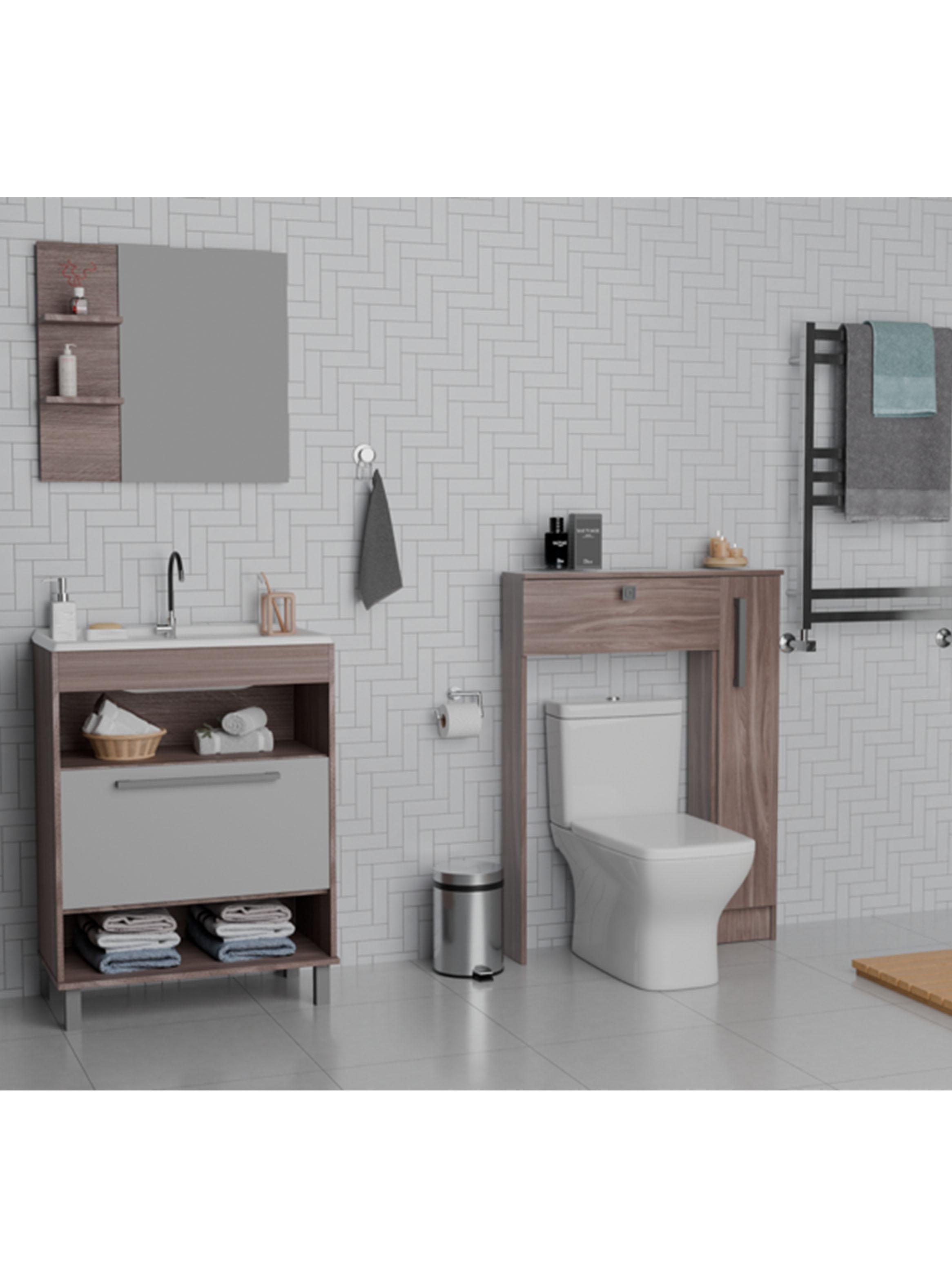 Combo Mueble Lavamanos 1 Puerta 2 Nichos + Organizador Baño WC Café-5
