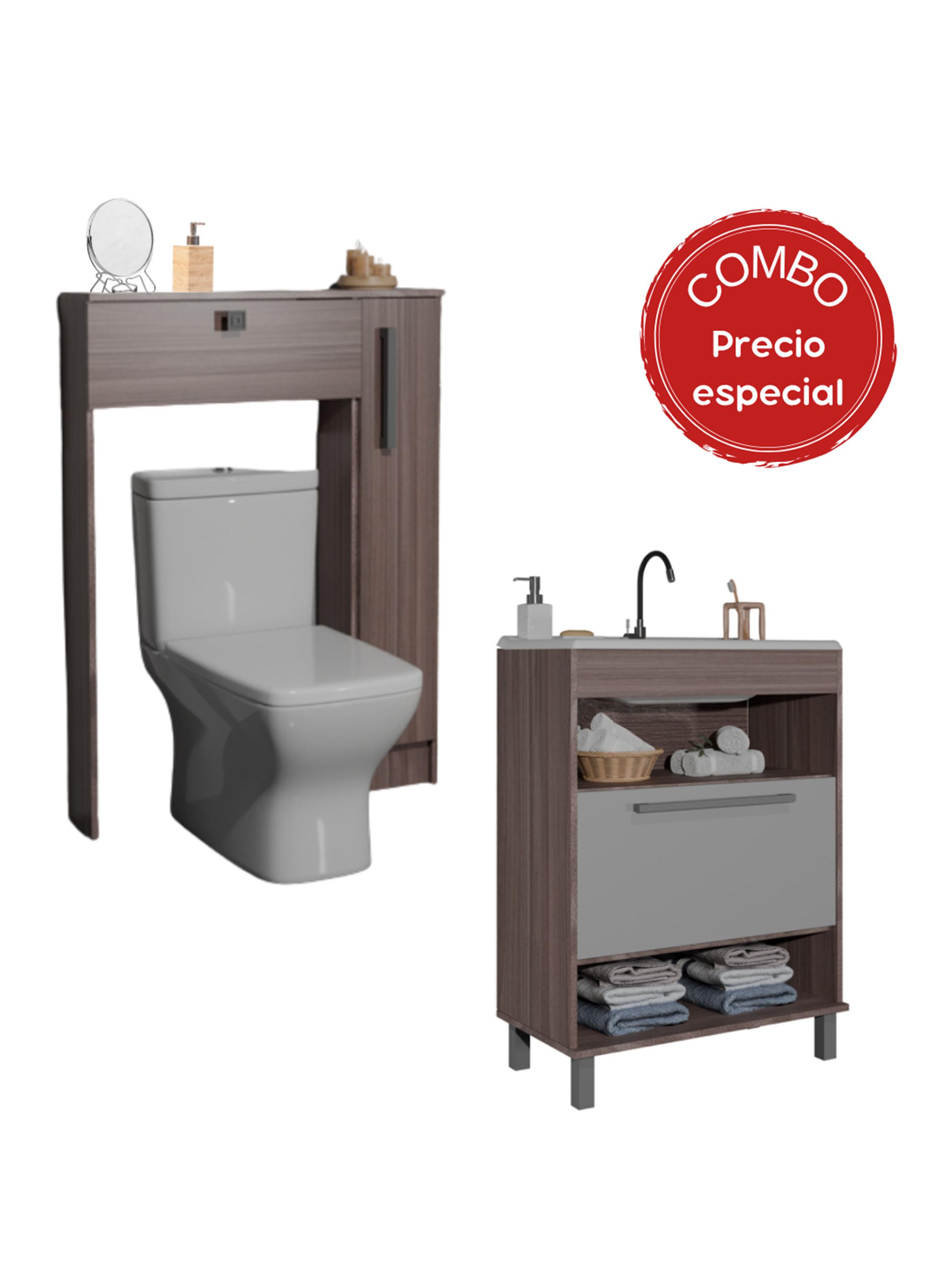 Combo Mueble Lavamanos 1 Puerta 2 Nichos + Organizador Baño WC Café-0