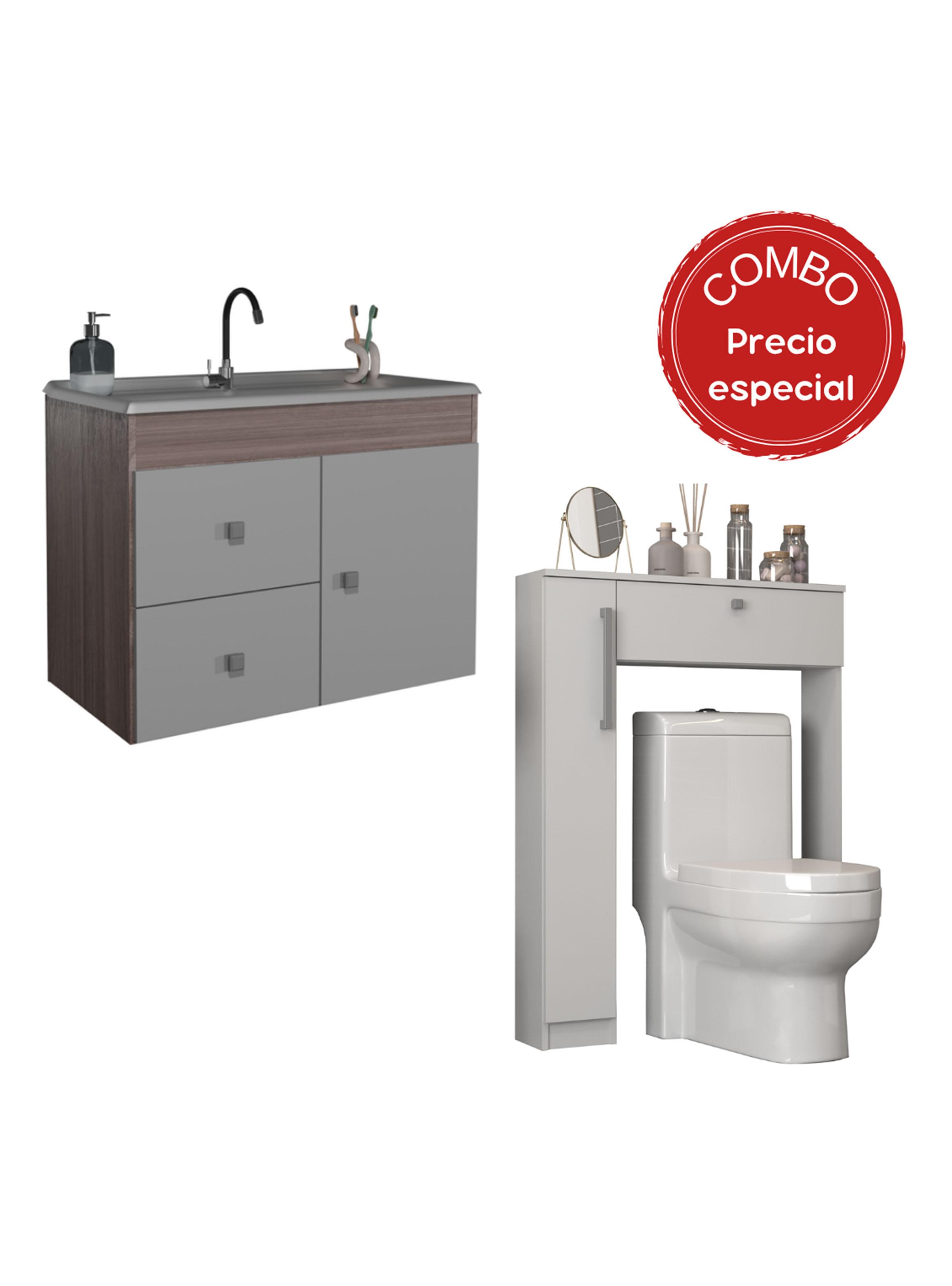 Combo Mueble Lavamanos 1 Puerta 2 Cajones + Organizador Baño WC Café Blanco-0