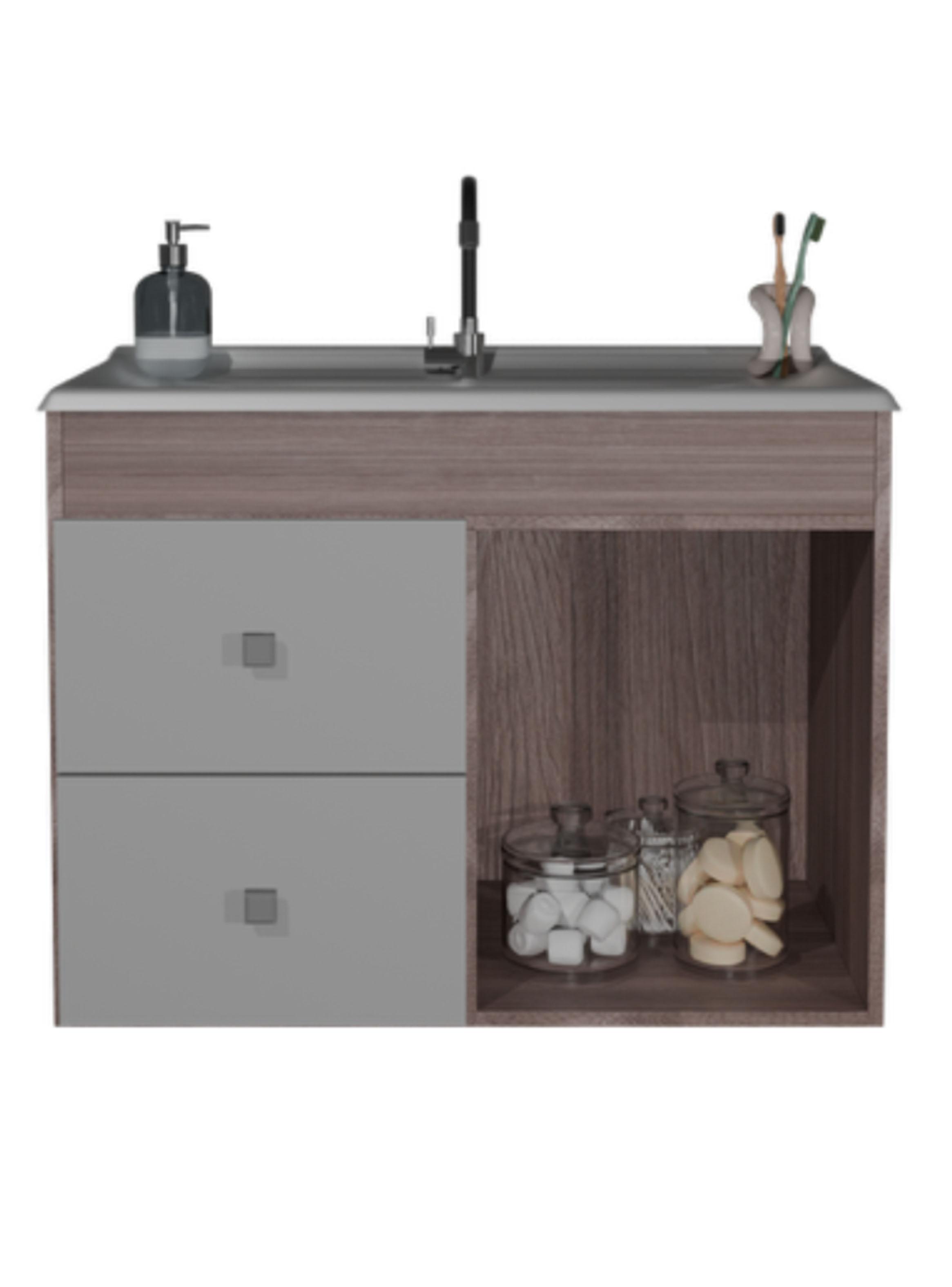 Combo Mueble Lavamanos 1 Puerta 2 Cajones + Organizador Baño WC Café Blanco-4