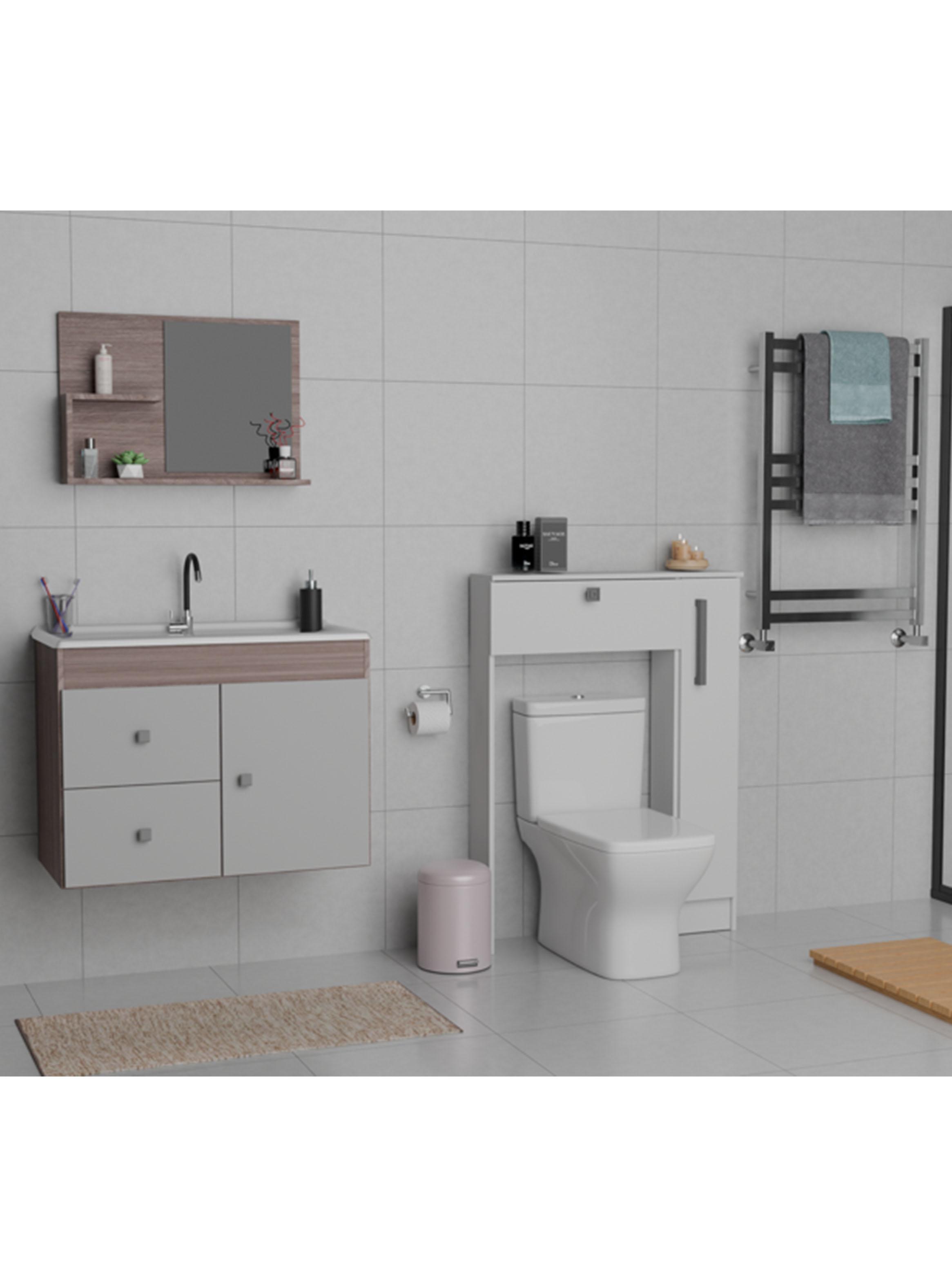 Combo Mueble Lavamanos 1 Puerta 2 Cajones + Organizador Baño WC Café Blanco-5