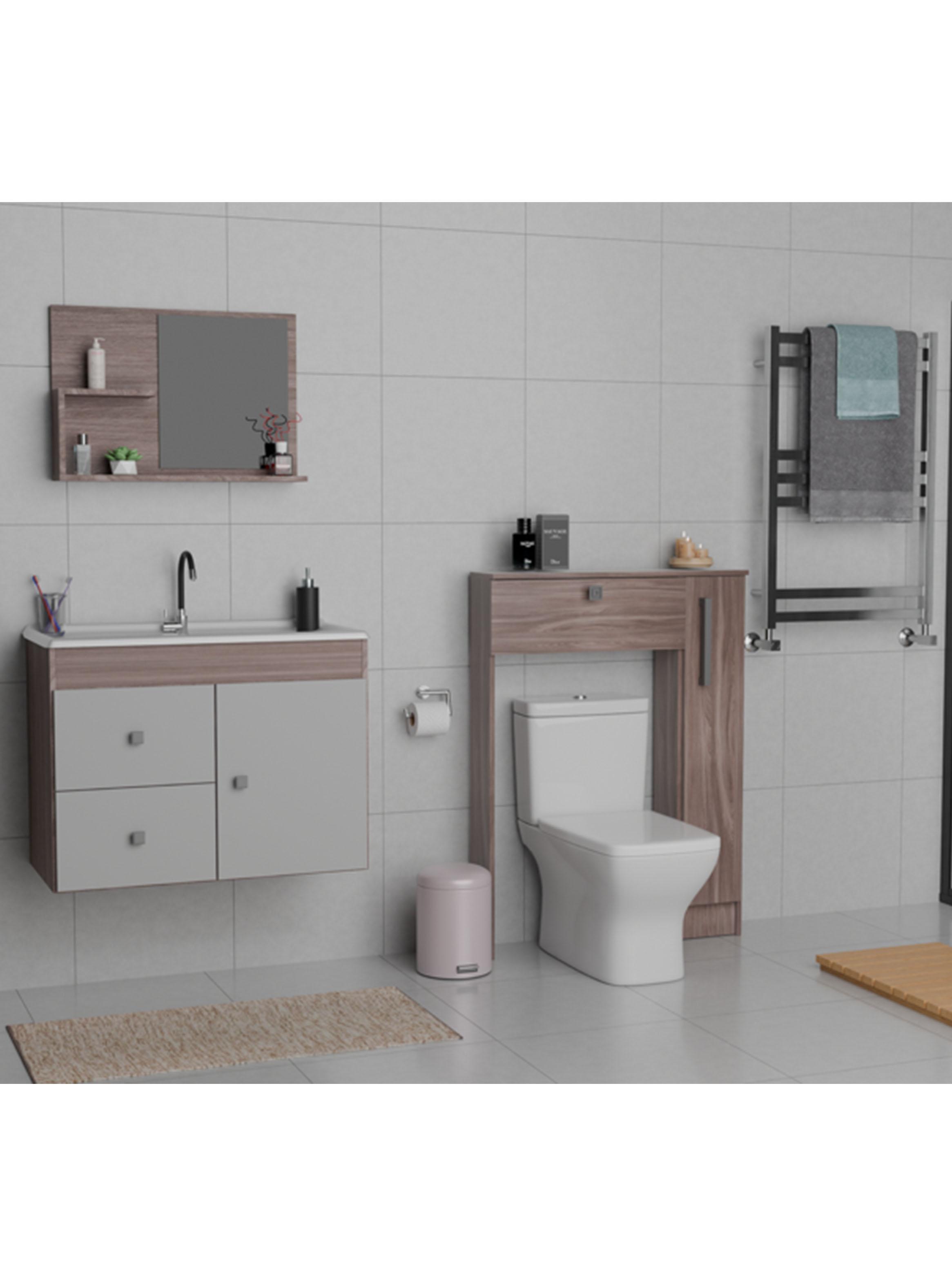Combo Mueble Lavamanos 1 Puerta 2 Cajones + Organizador Baño WC Café-5