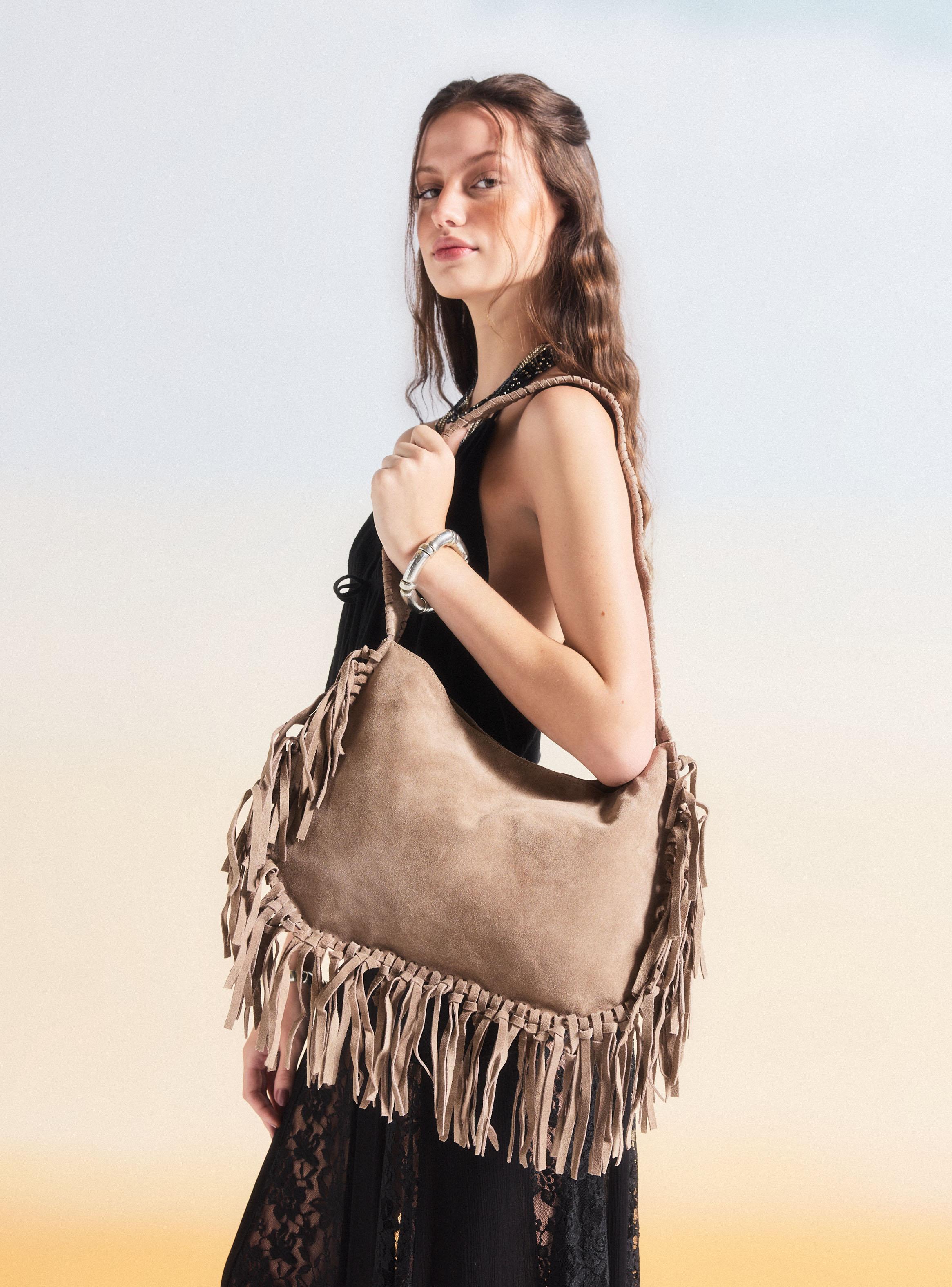 Cartera de Hombro Crosbody de Gamuza con Flecos-5