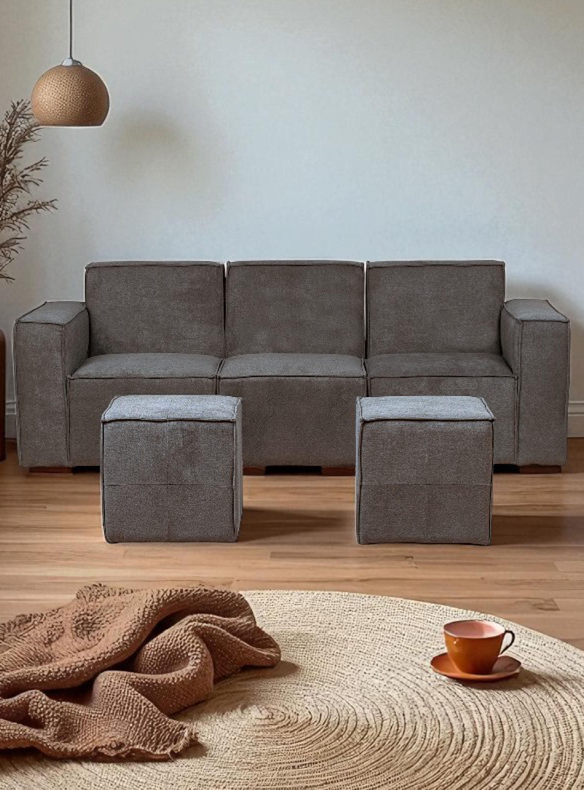 Sofá Modular 3 cuerpos y 2 Poufs - Tela Lino Finesse-0