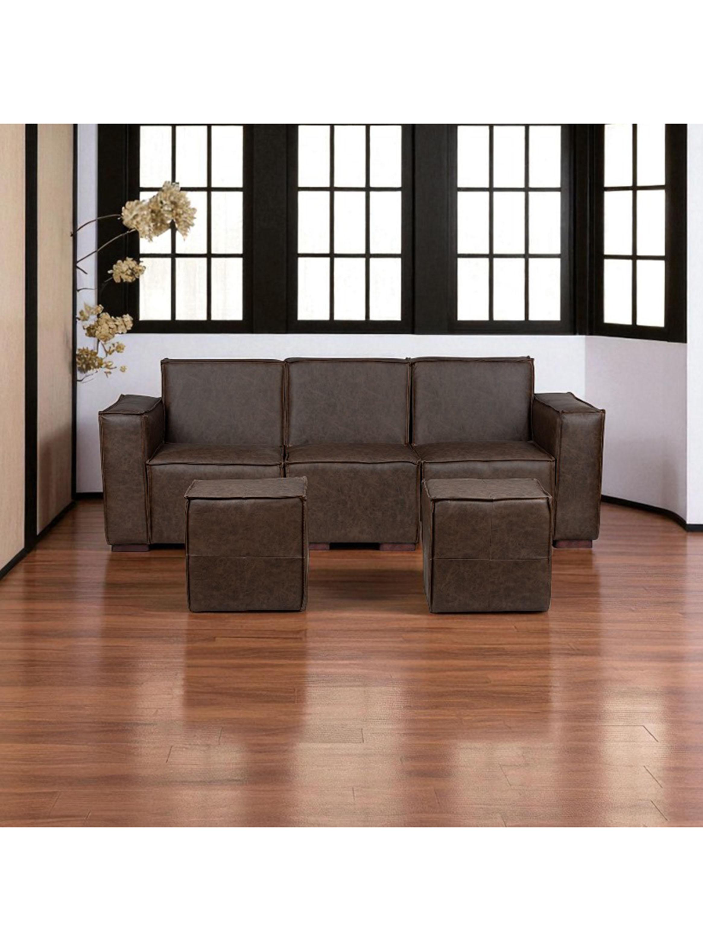 Sofá Modular 3 Cuerpos y 2 Poufs - Cuero Reconstituido-0