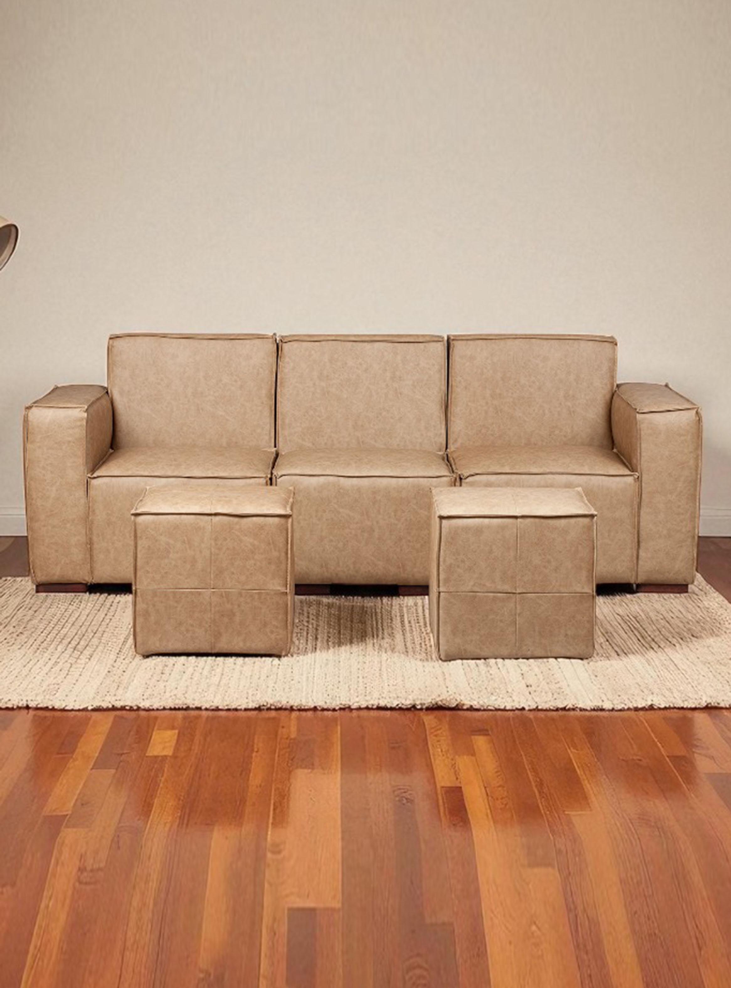Sofá Modular 3 Cuerpos y 2 Poufs - Cuero Reconstituido-0