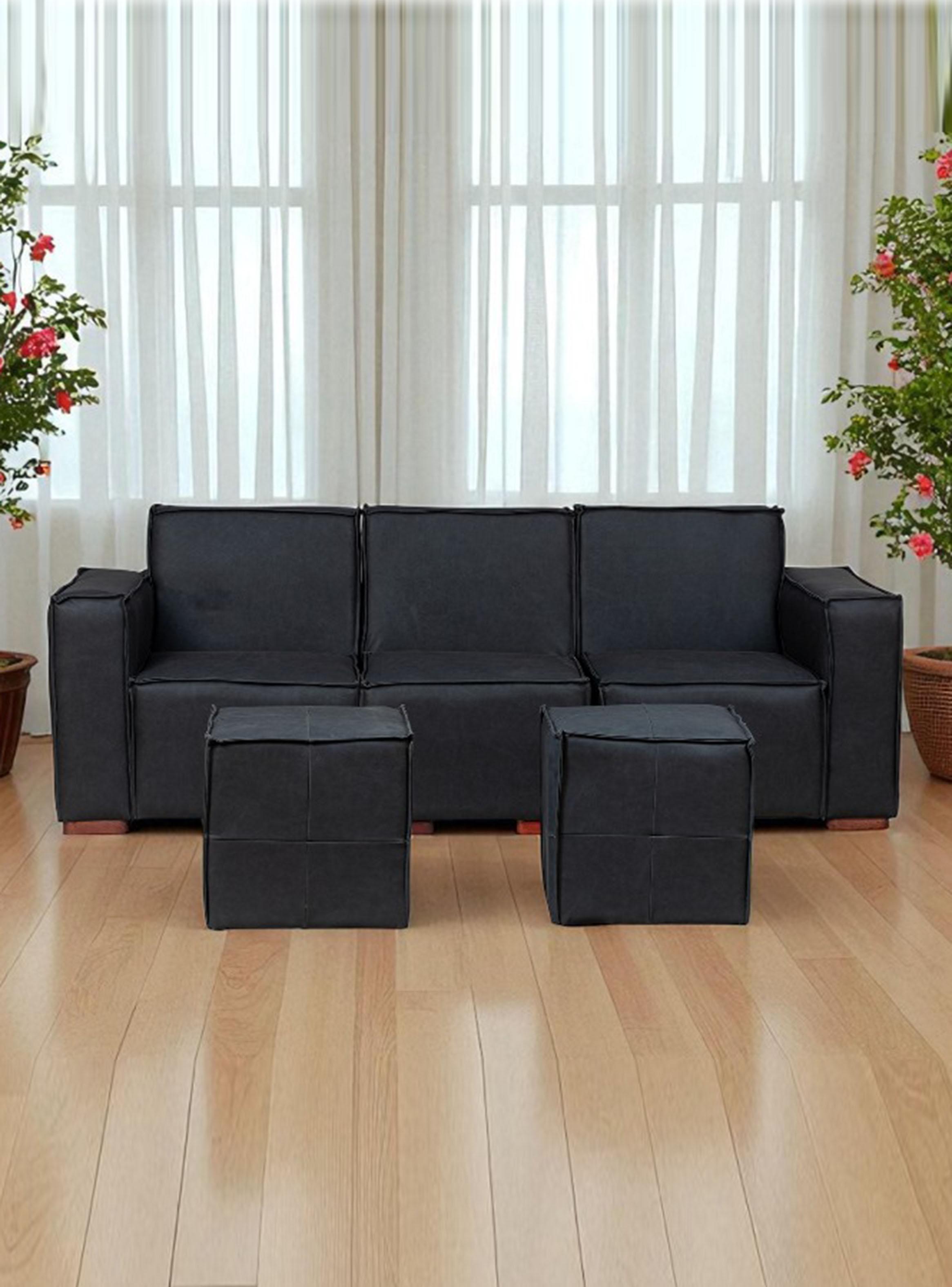 Sofá Modular 3 Cuerpos y 2 Poufs - Cuero Reconstituido-0