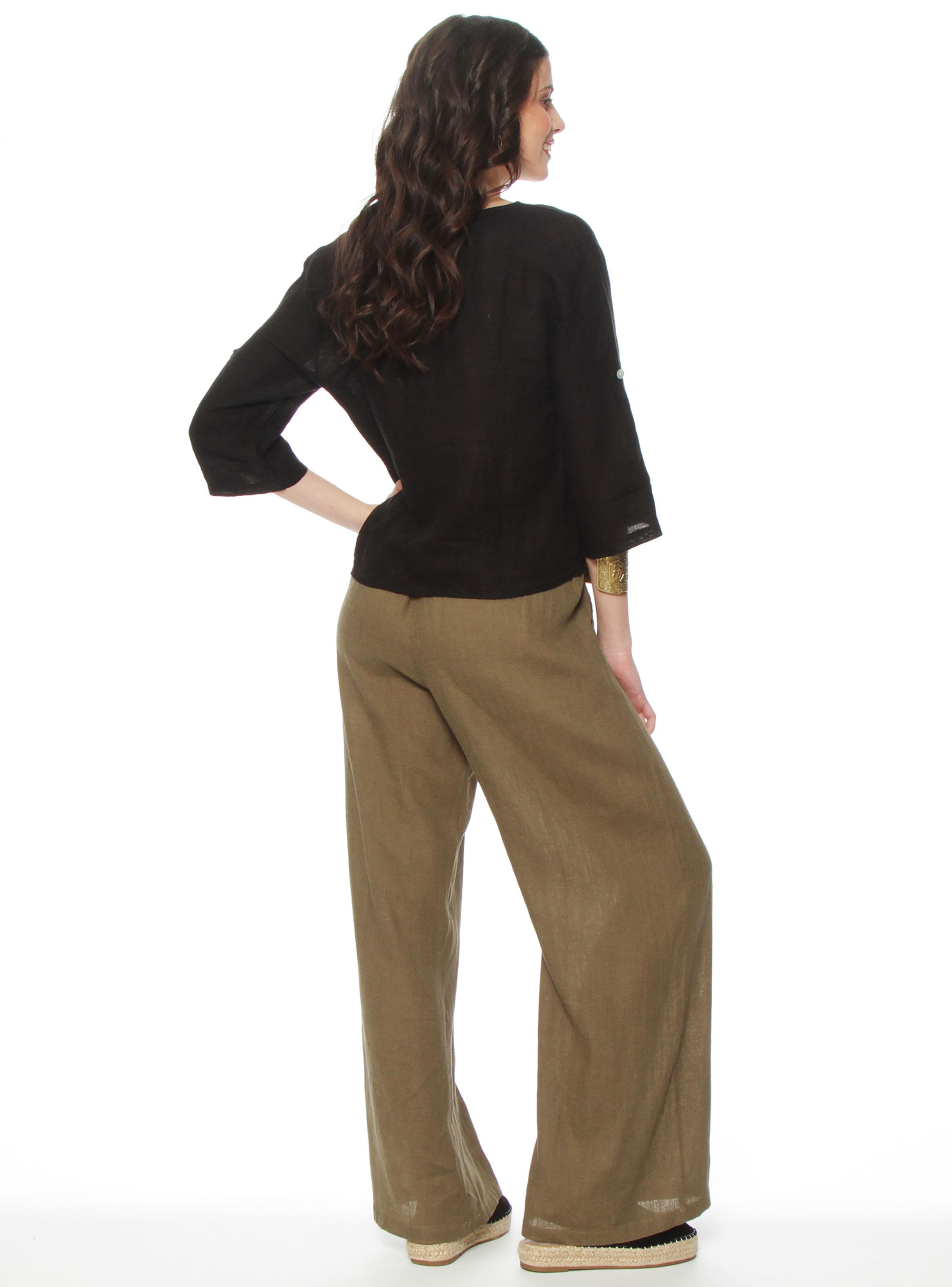 Blusa Manga 3/4 Ajustable Lino Sólida Escote V-4