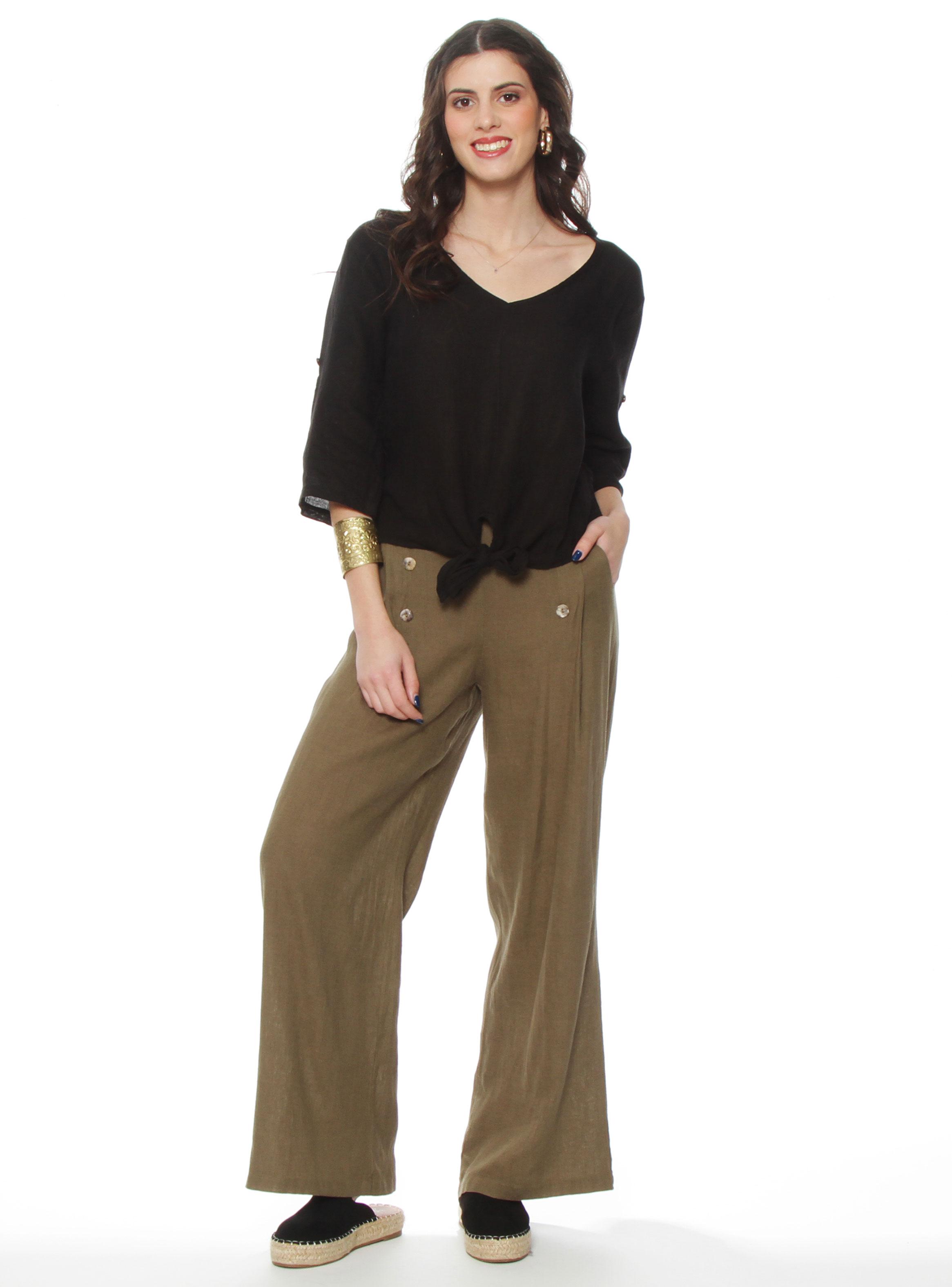 Blusa Manga 3/4 Ajustable Lino Sólida Escote V-3