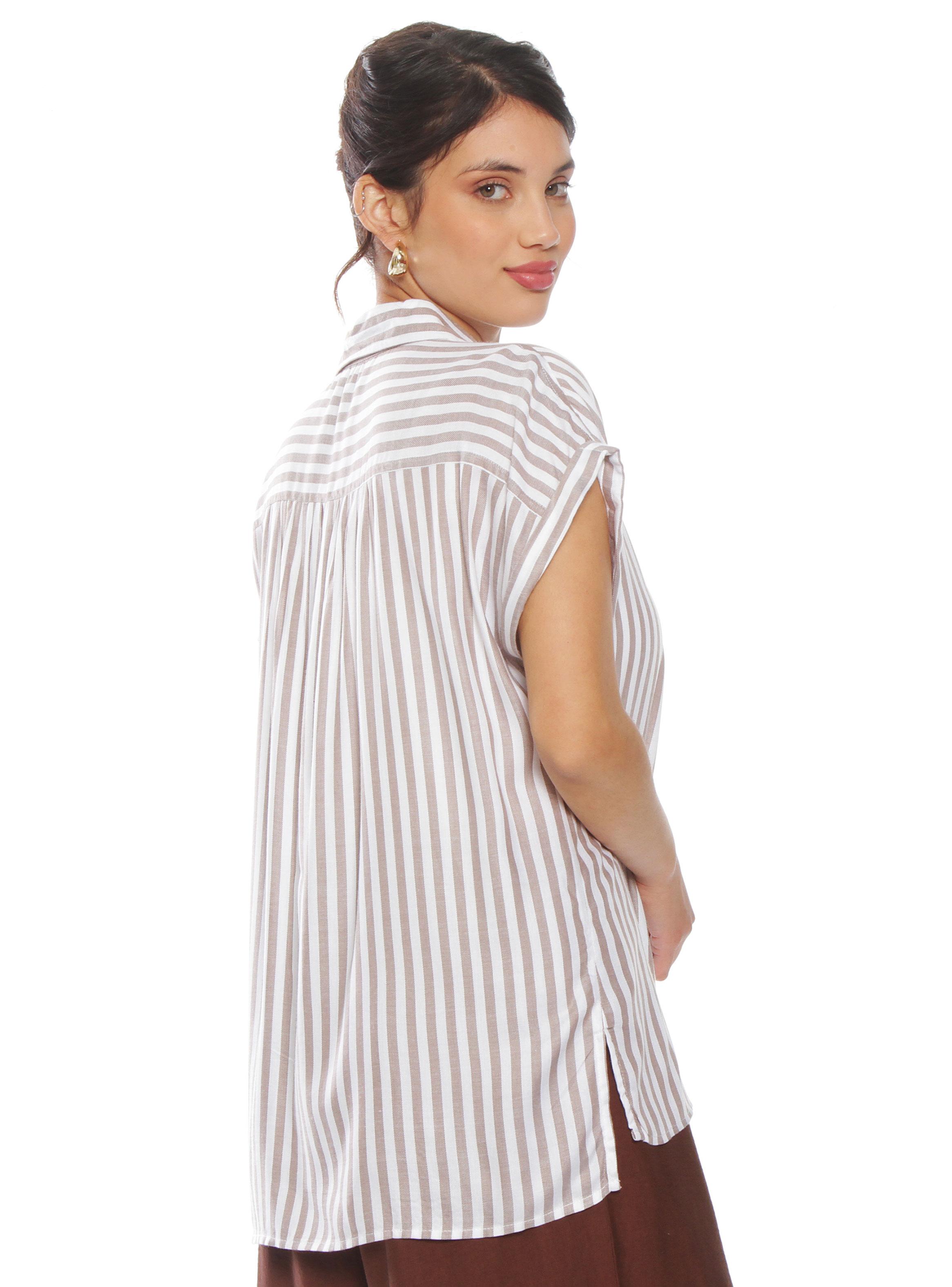 Blusa sin Manga Listada Abotonada en Delantero-1