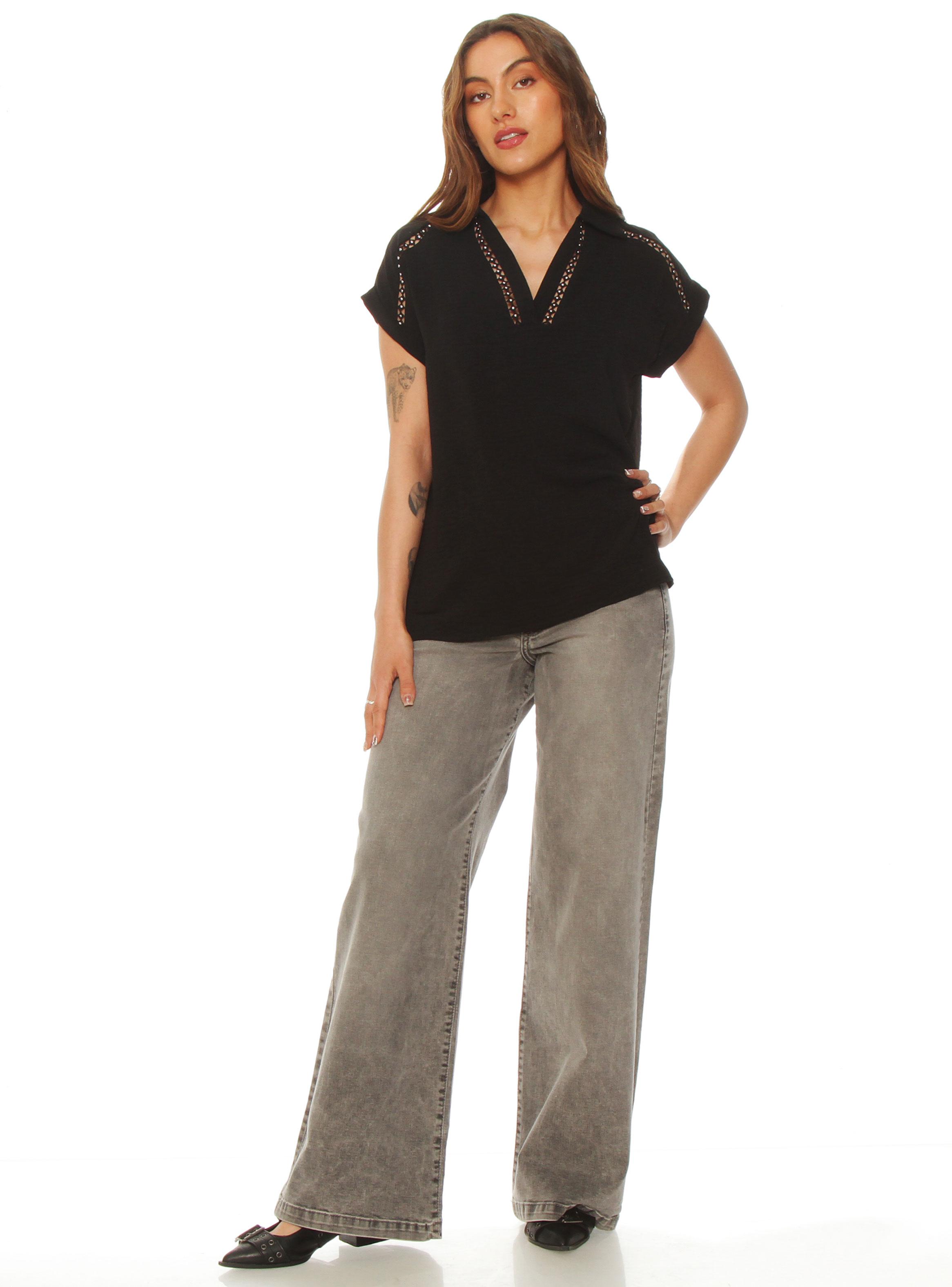 Blusa Manga Corta Sólida Escote V con Cuello-3