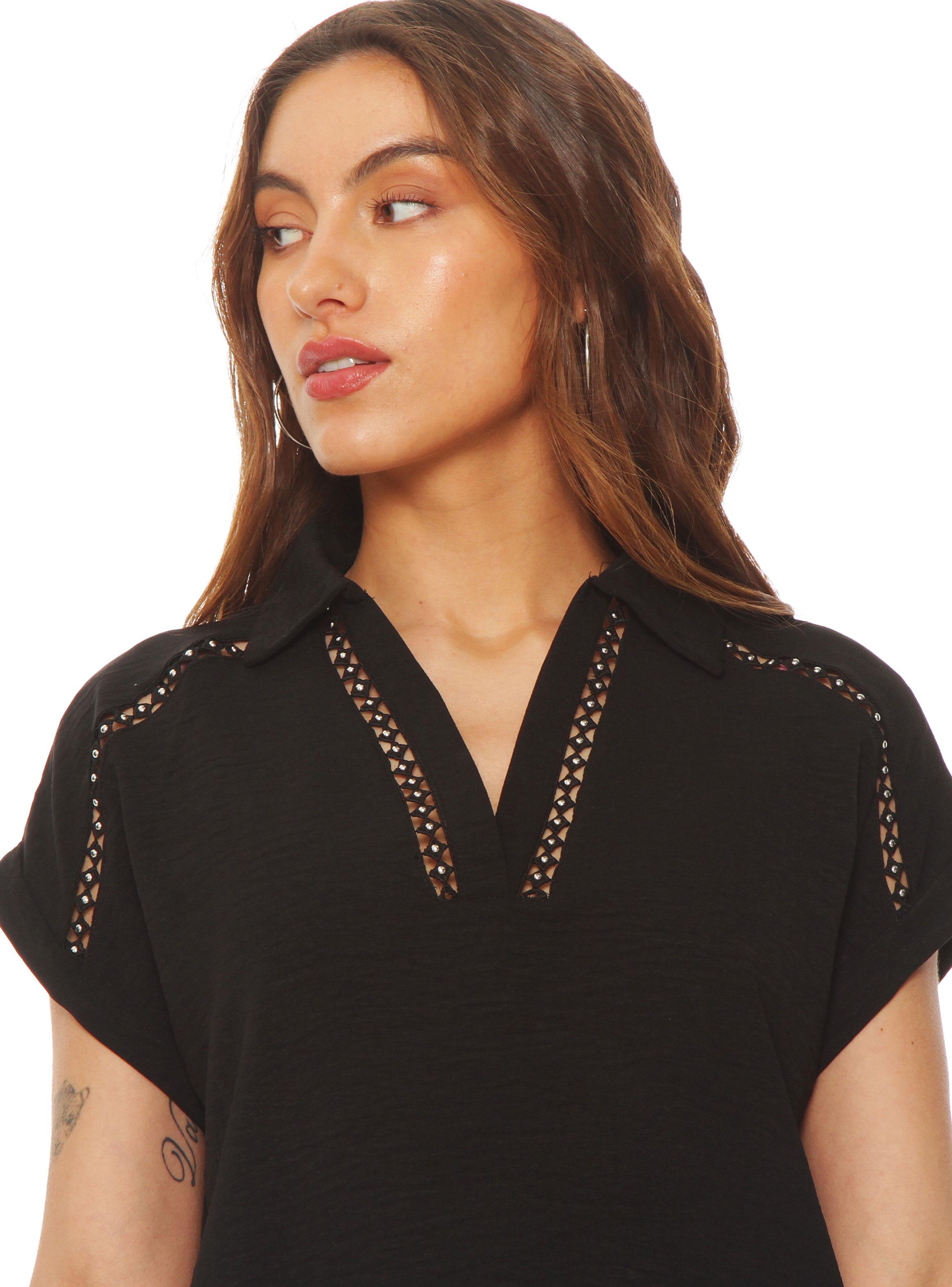 Blusa Manga Corta Sólida Escote V con Cuello-2