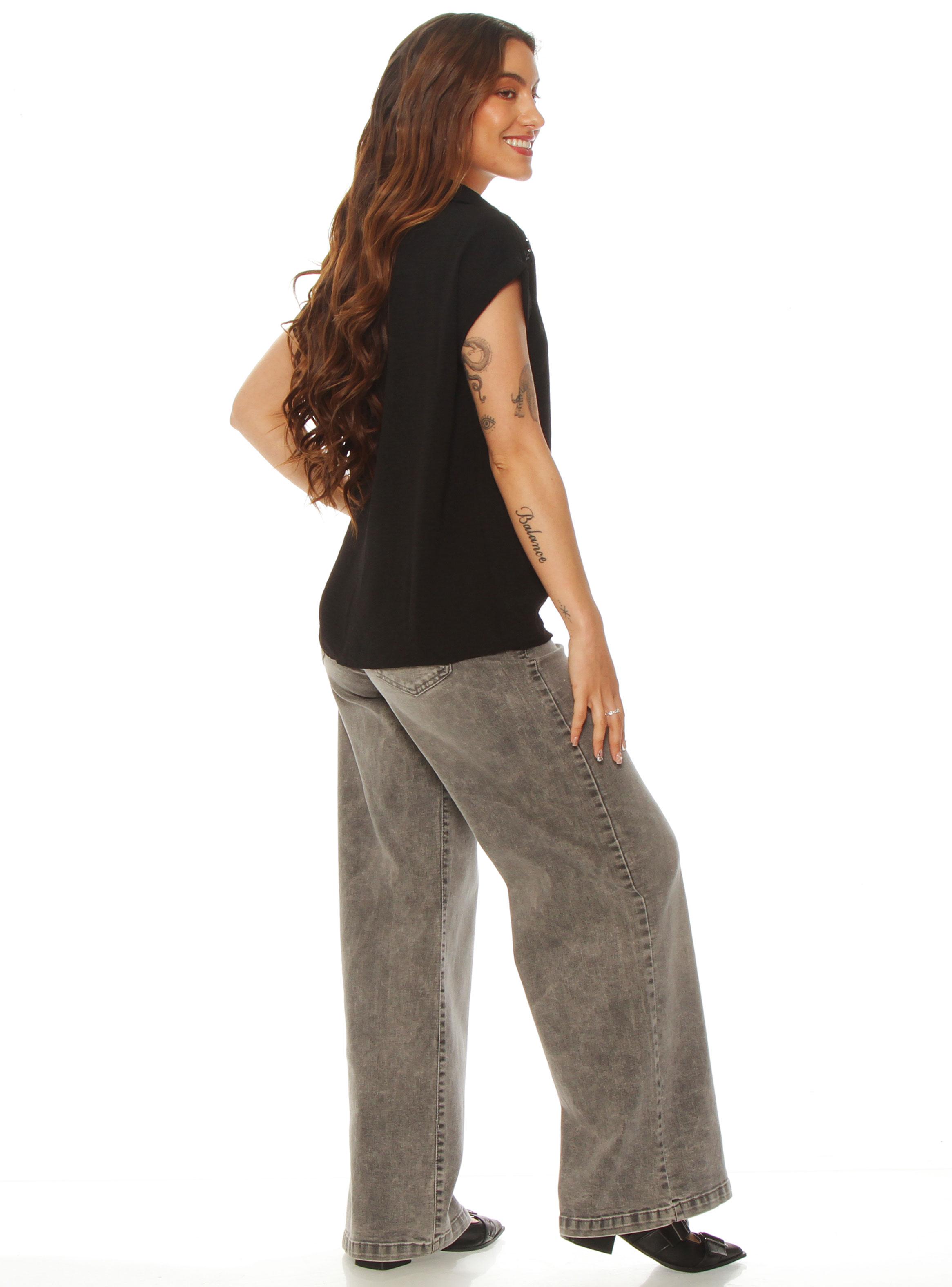 Blusa Manga Corta Sólida Escote V con Cuello-4