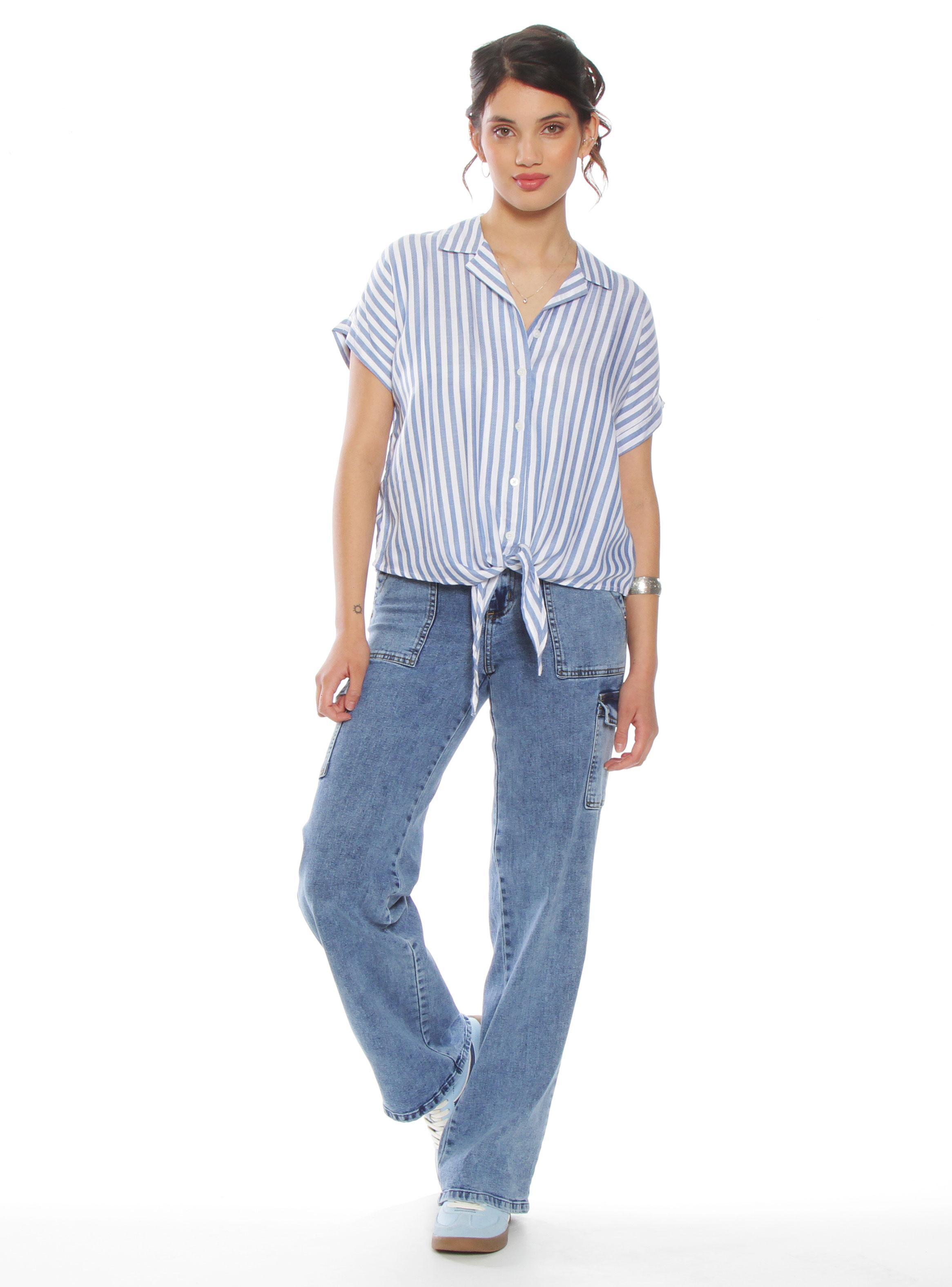 Blusa Manga Corta Listada Abotonada Amarrada en Ruedo-3