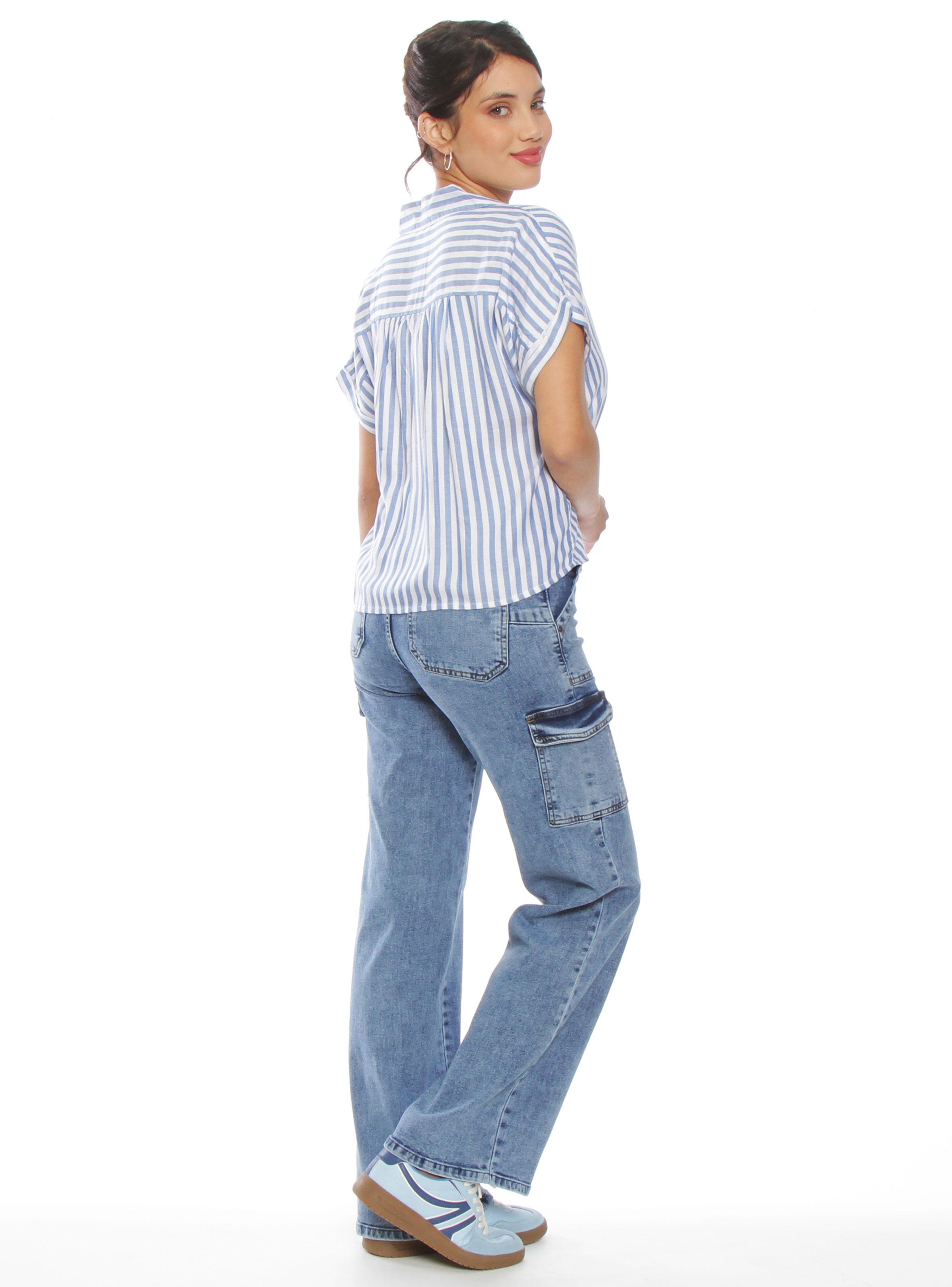 Blusa Manga Corta Listada Abotonada Amarrada en Ruedo-4