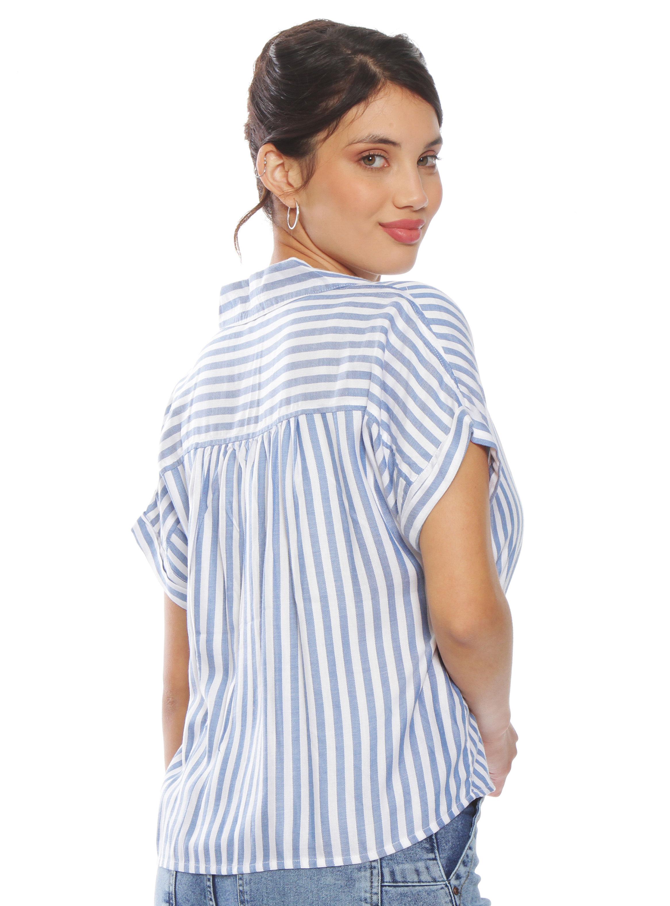 Blusa Manga Corta Listada Abotonada Amarrada en Ruedo-1