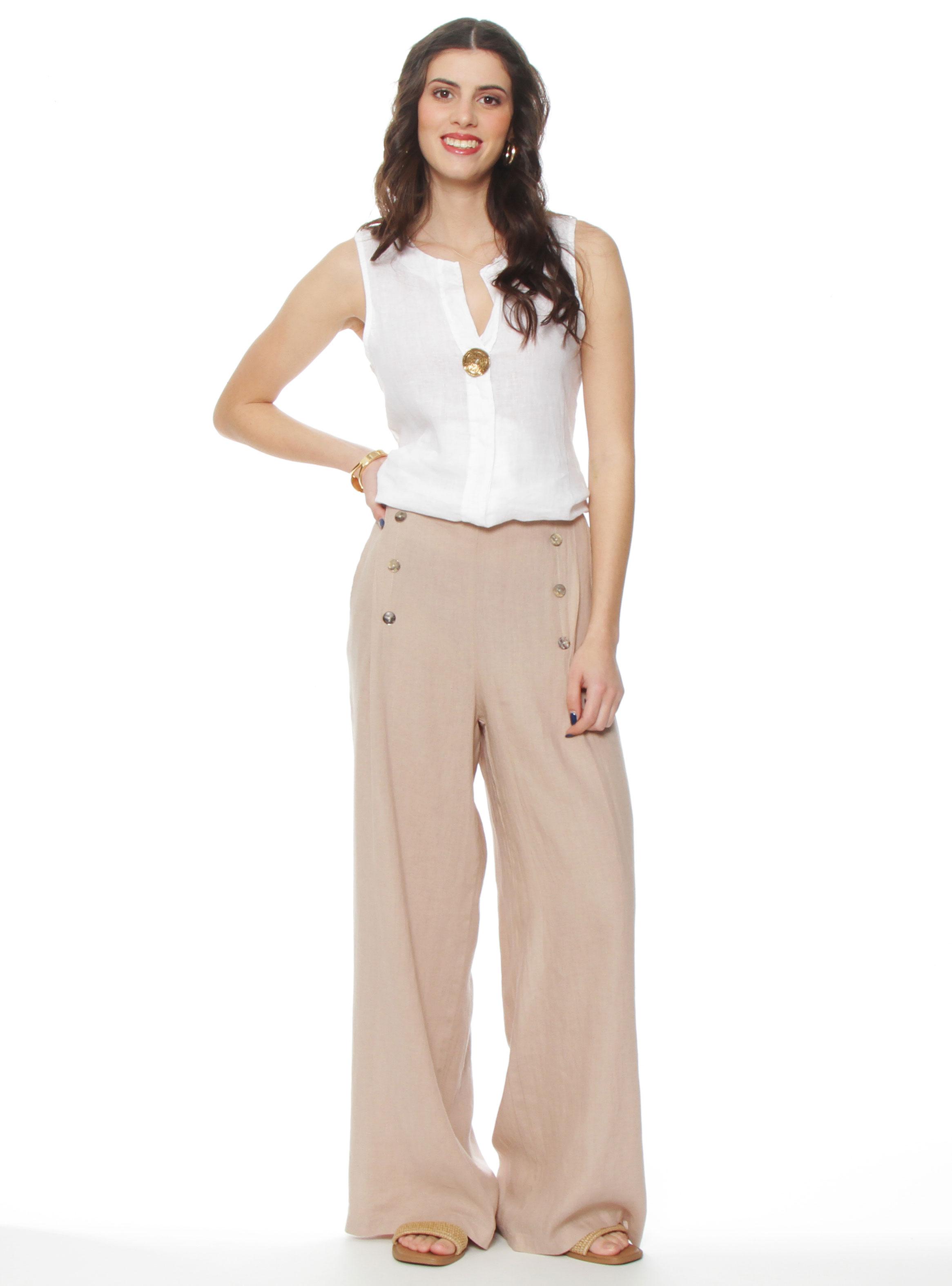 Pantalón Lino Wide Leg Tiro Alto con Botones-3