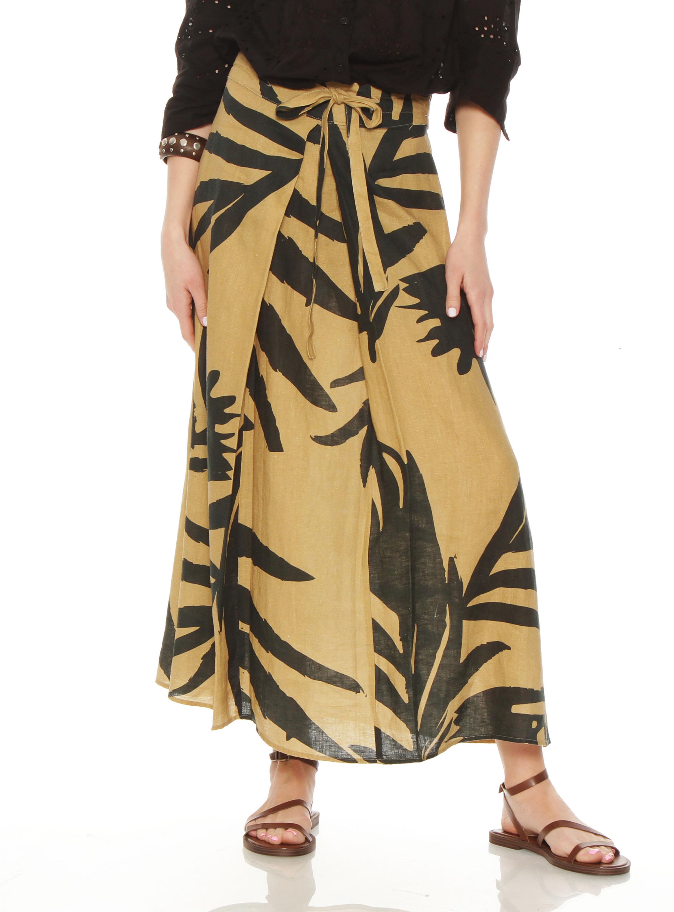 Falda Estampada con Lazo en la Cintura de Lino-0