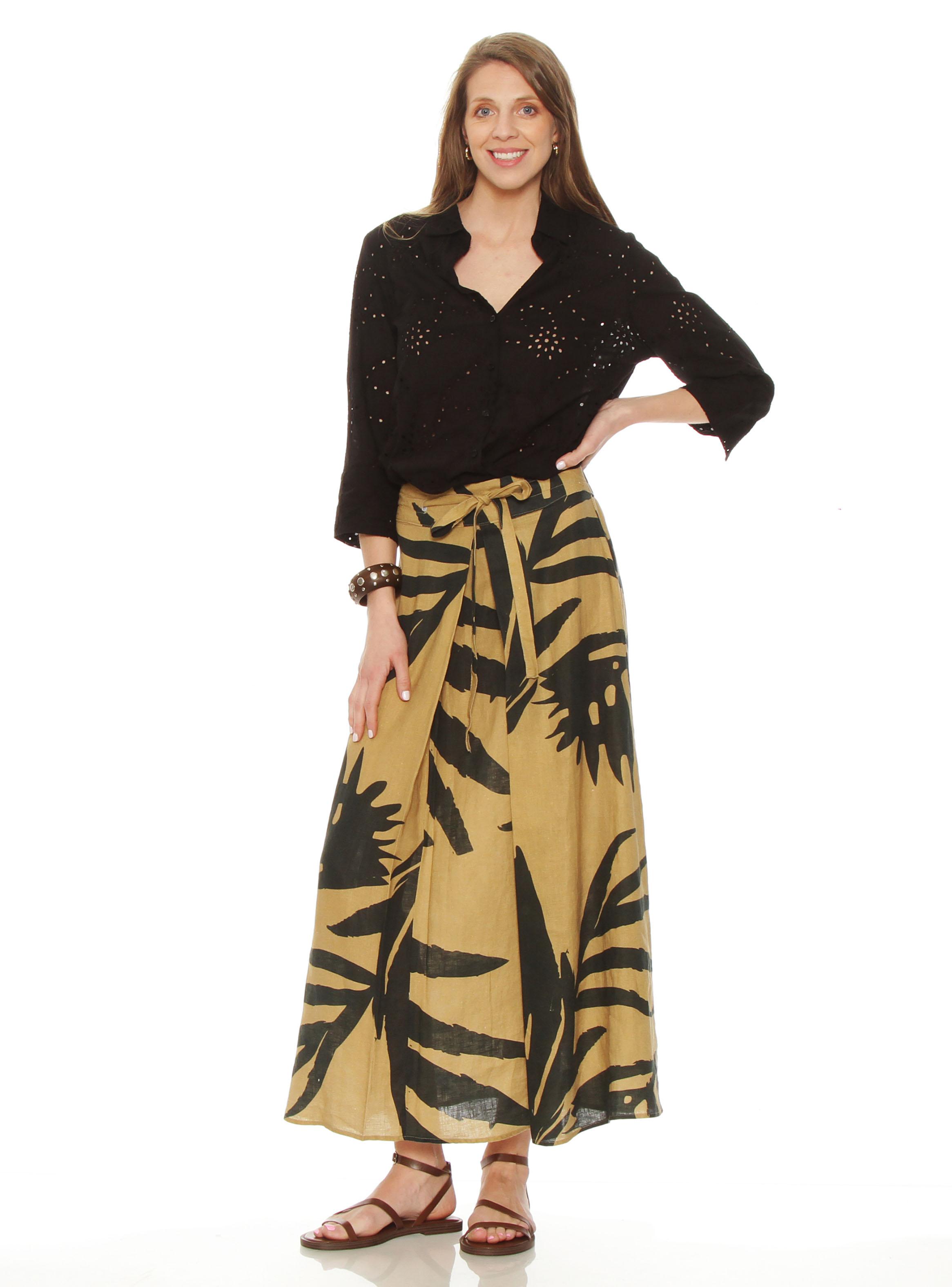 Falda Estampada con Lazo en la Cintura de Lino-3