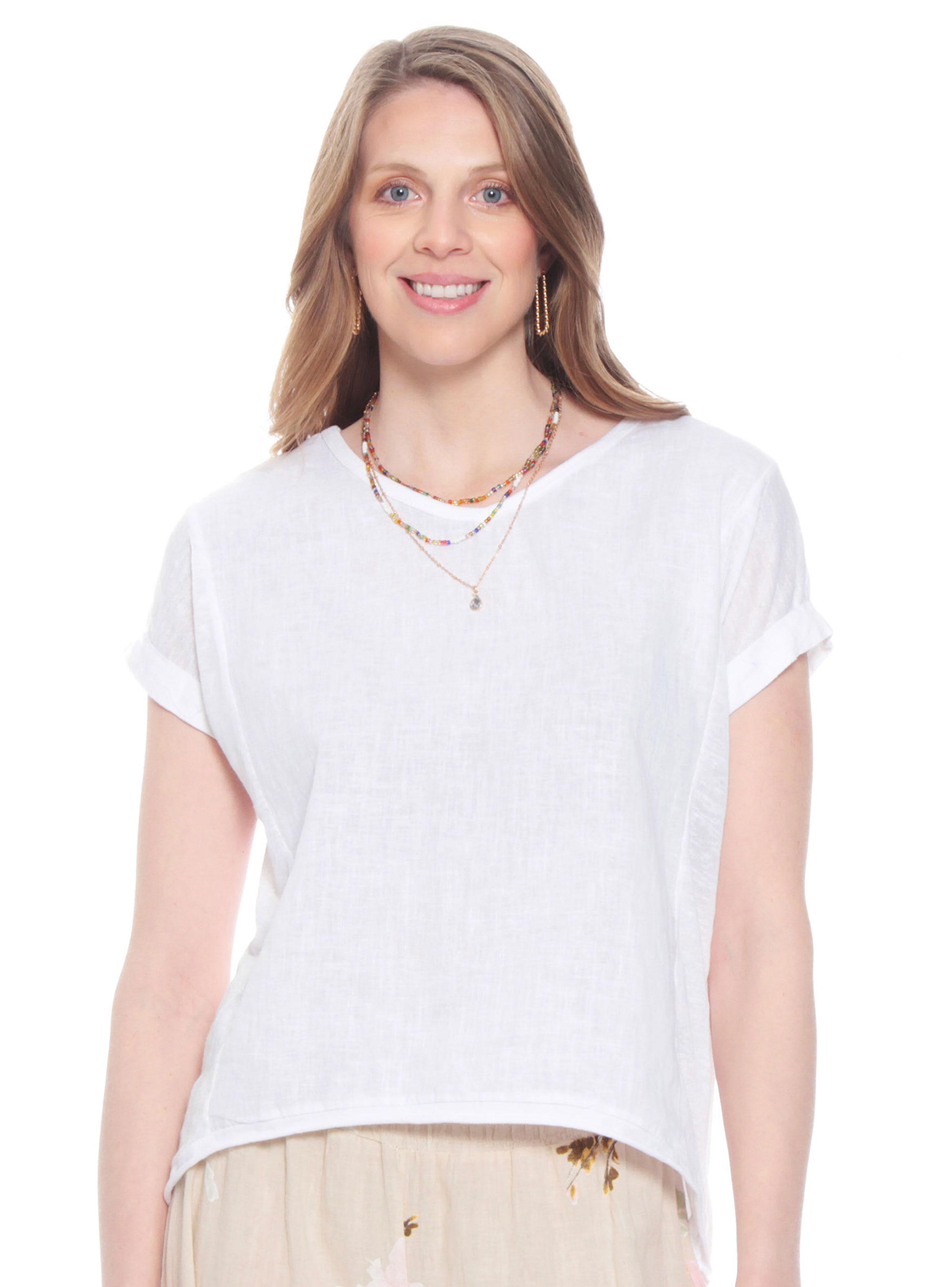 Blusa Manga Corta Lino Sólida Escote V Corte Delantero-0