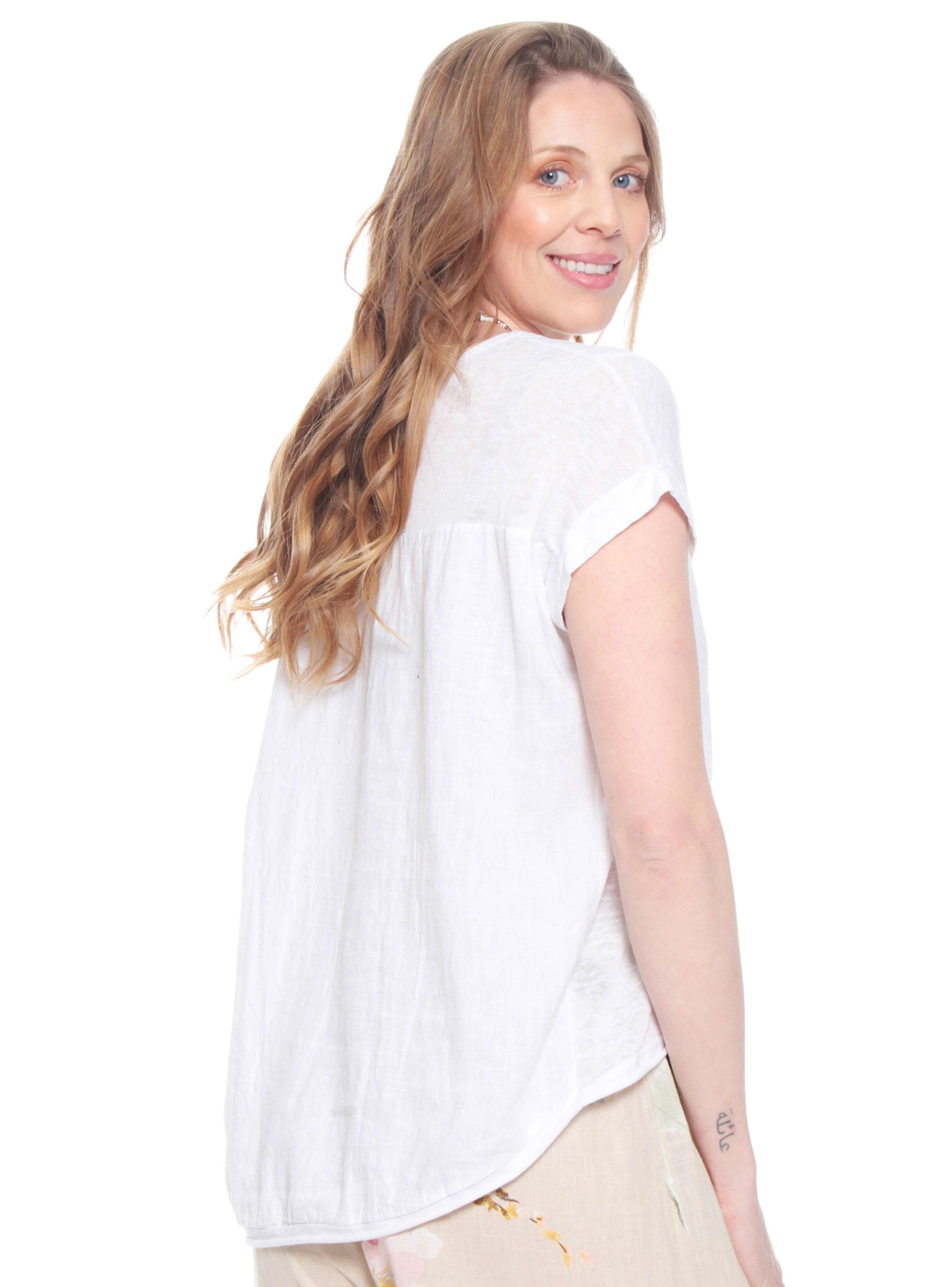Blusa Manga Corta Lino Sólida Escote V Corte Delantero-1