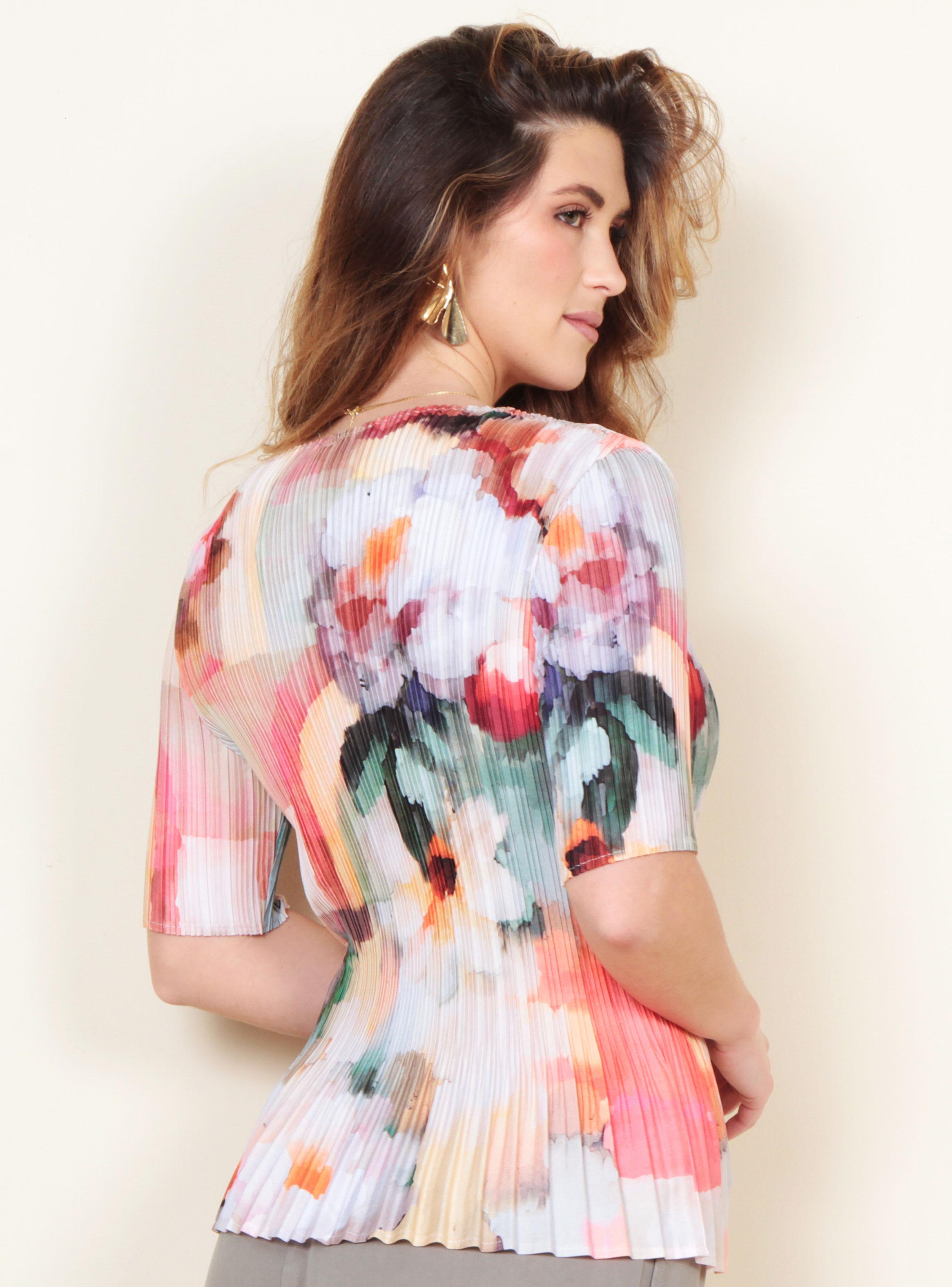 Blusa Manga Corta Estampada Plisada Escote Redondo-1