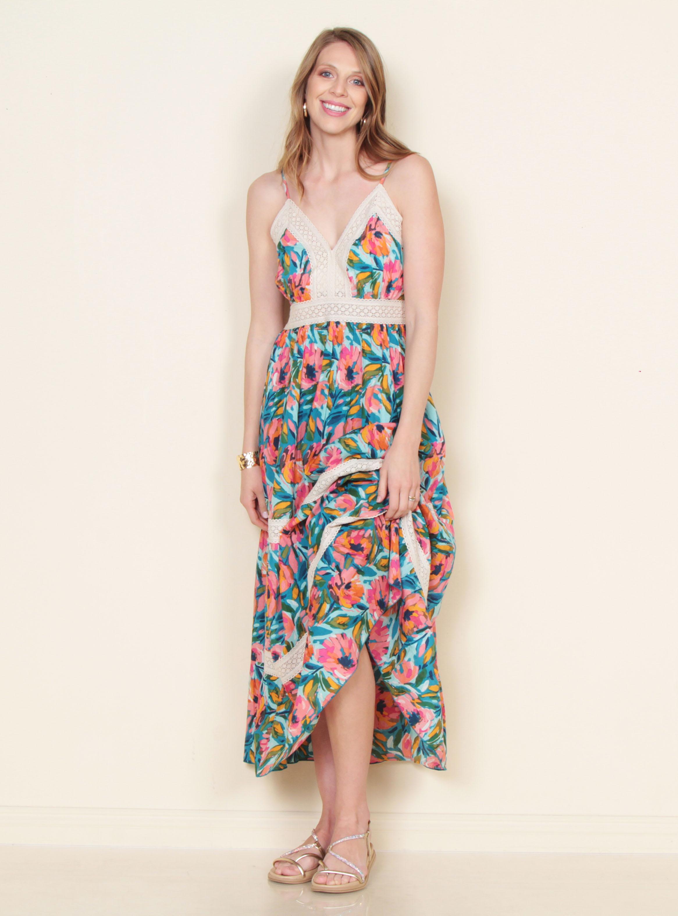 Vestido Estampado con Bretel y Aplicación Encaje-4