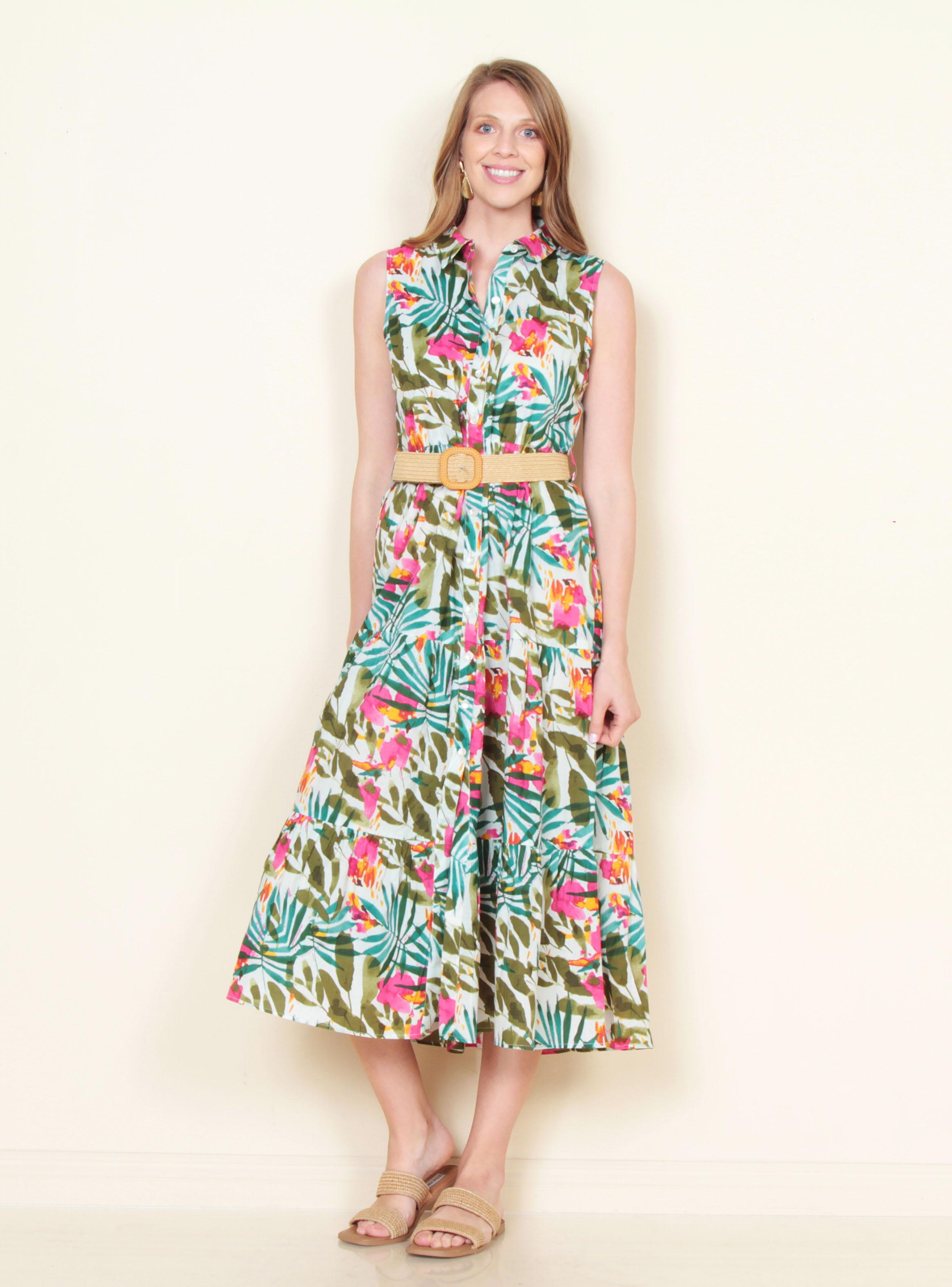Vestido Estampado Floral Abotonado con Cinturón-0