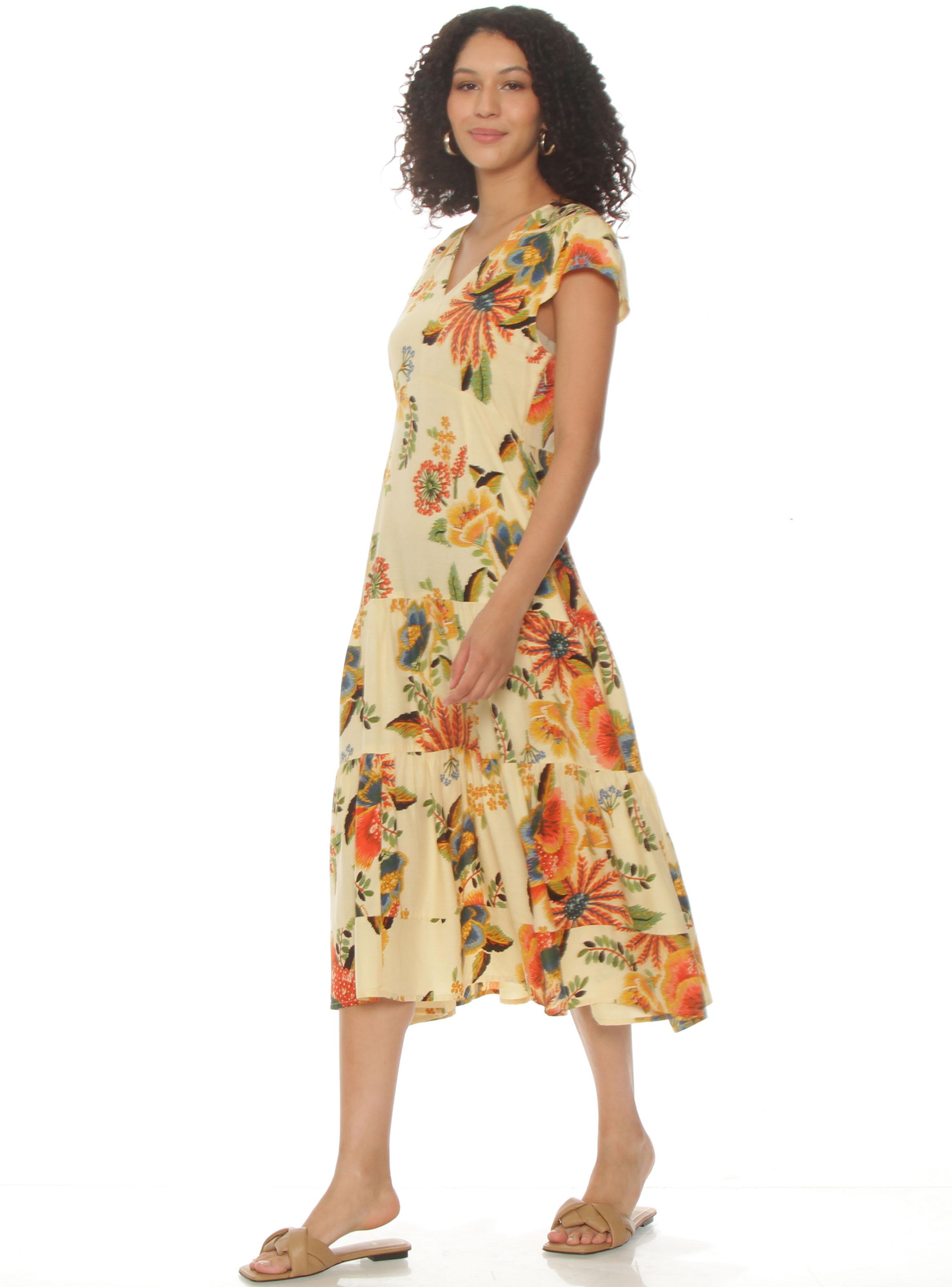 Vestido Manga Corta Estampada Escote V con Corte en Cintura-2