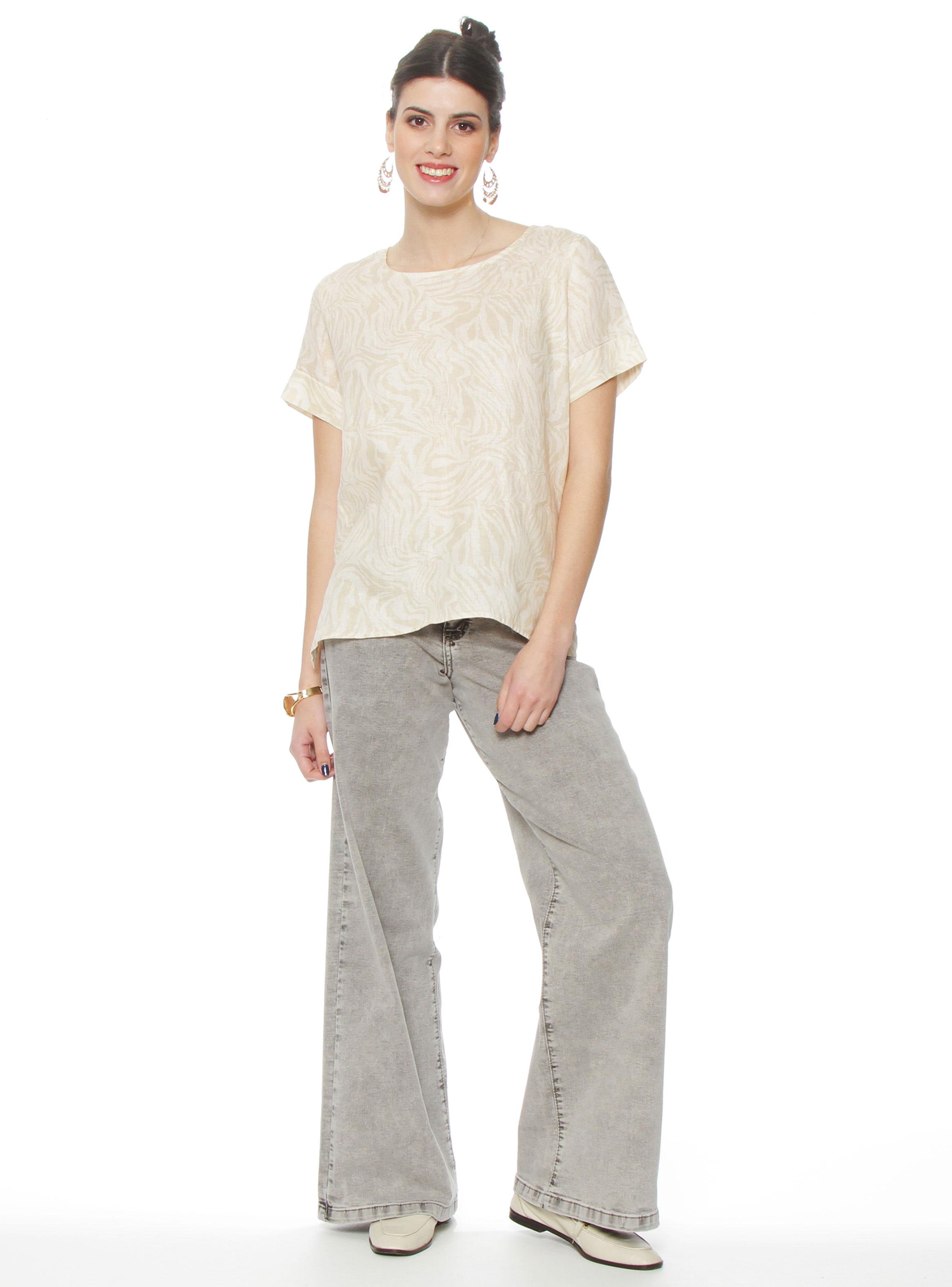 Blusa Manga Corta Lino Estampado Escote Redondo-3