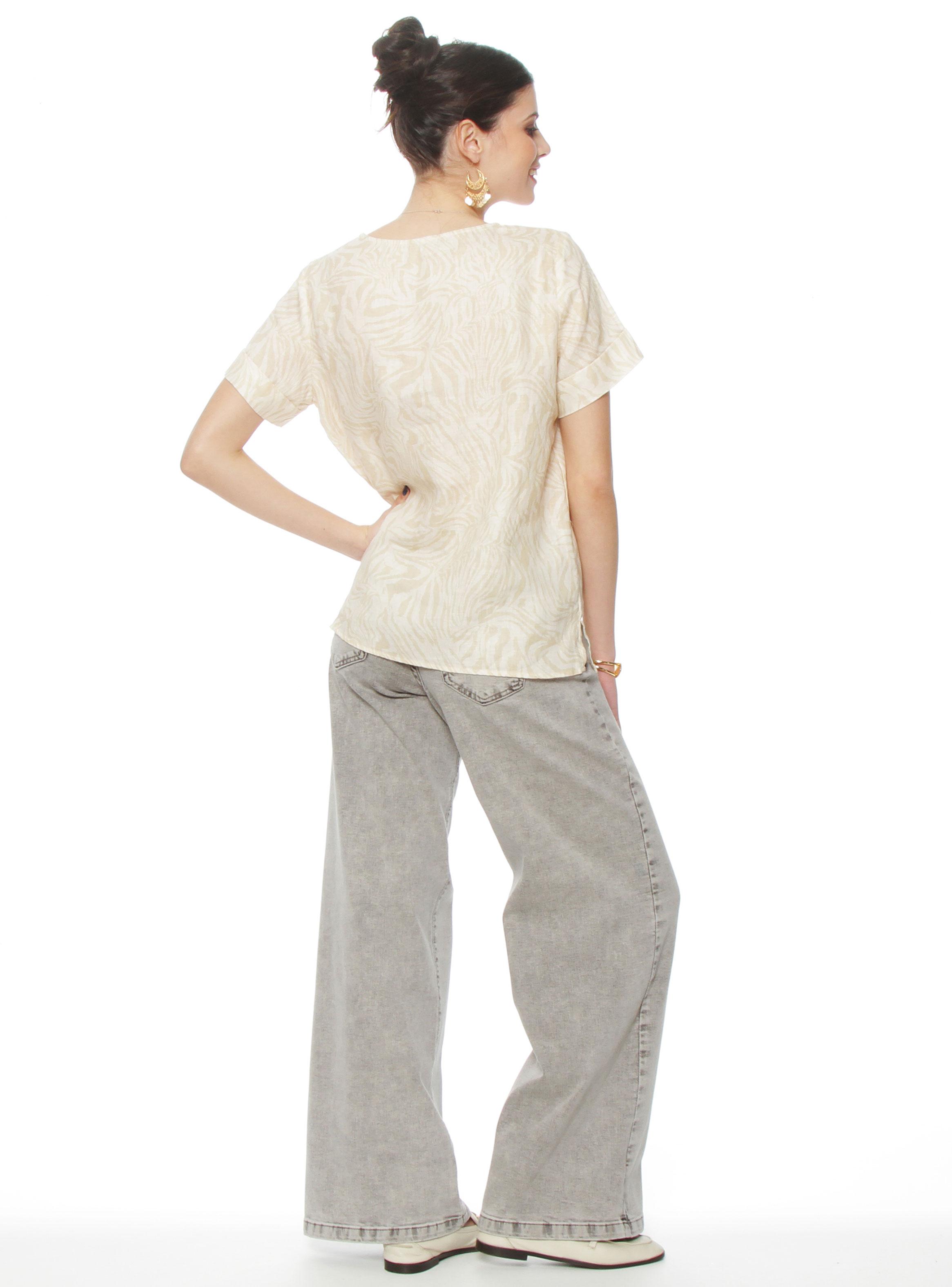 Blusa Manga Corta Lino Estampado Escote Redondo-4