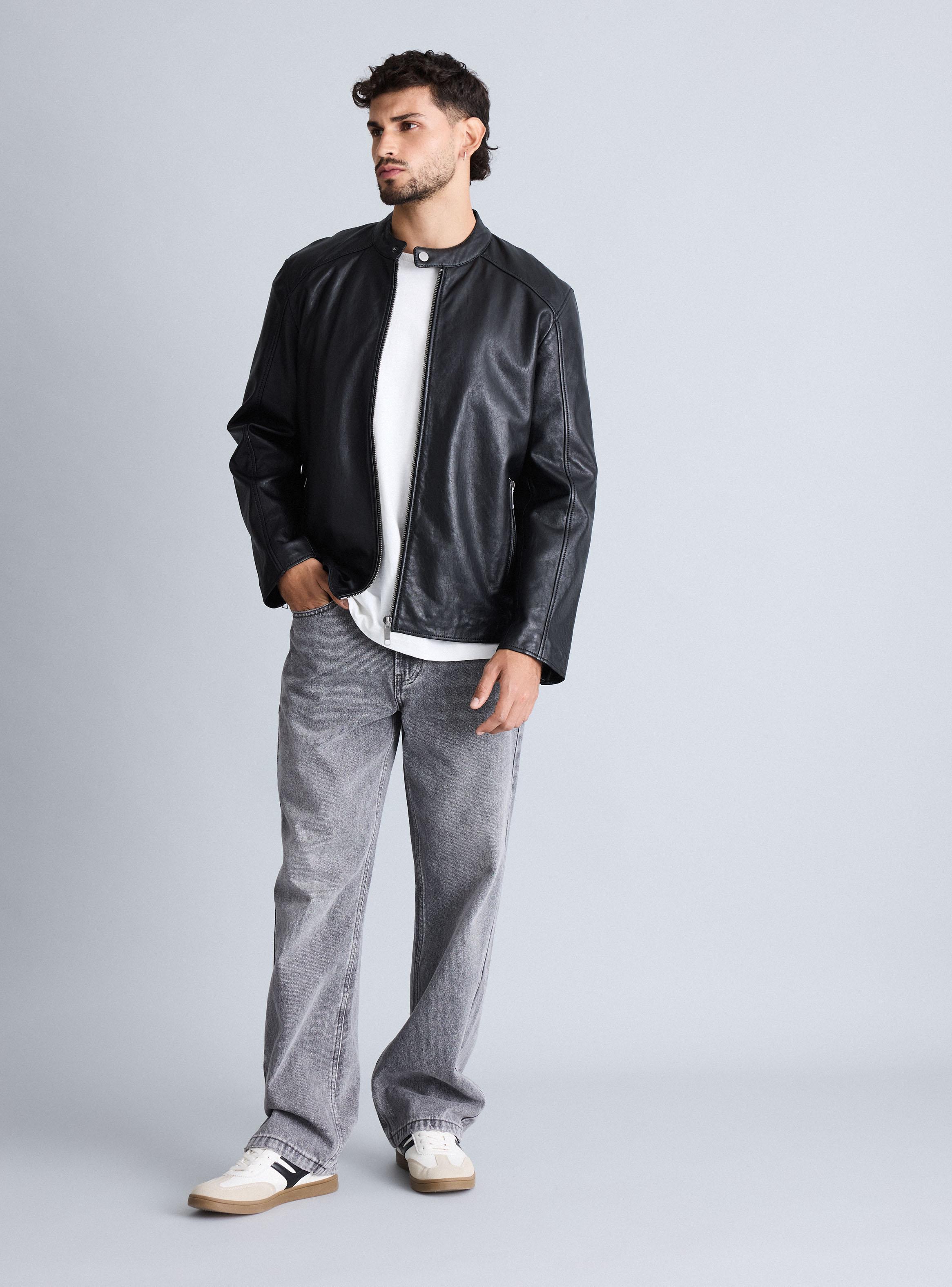 Chaqueta Cuero Liso Cierre-4