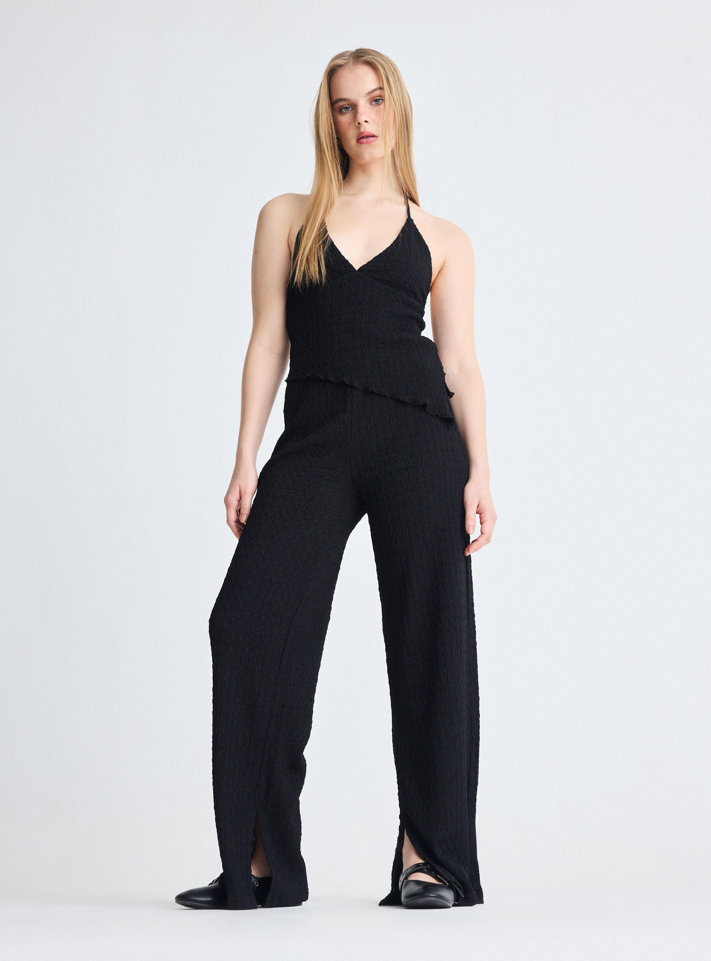 Pantalón Textura Acanalada Wide Leg Tiro Alto-4