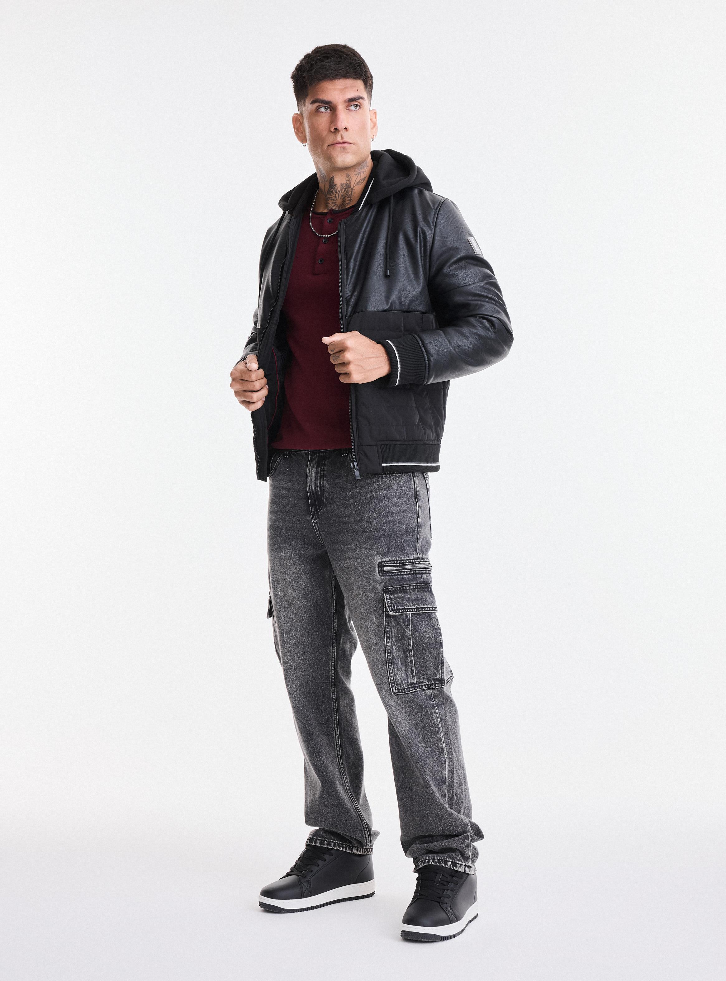 Chaqueta Bomber Capucha Cuero Ecológico y Canvas-4