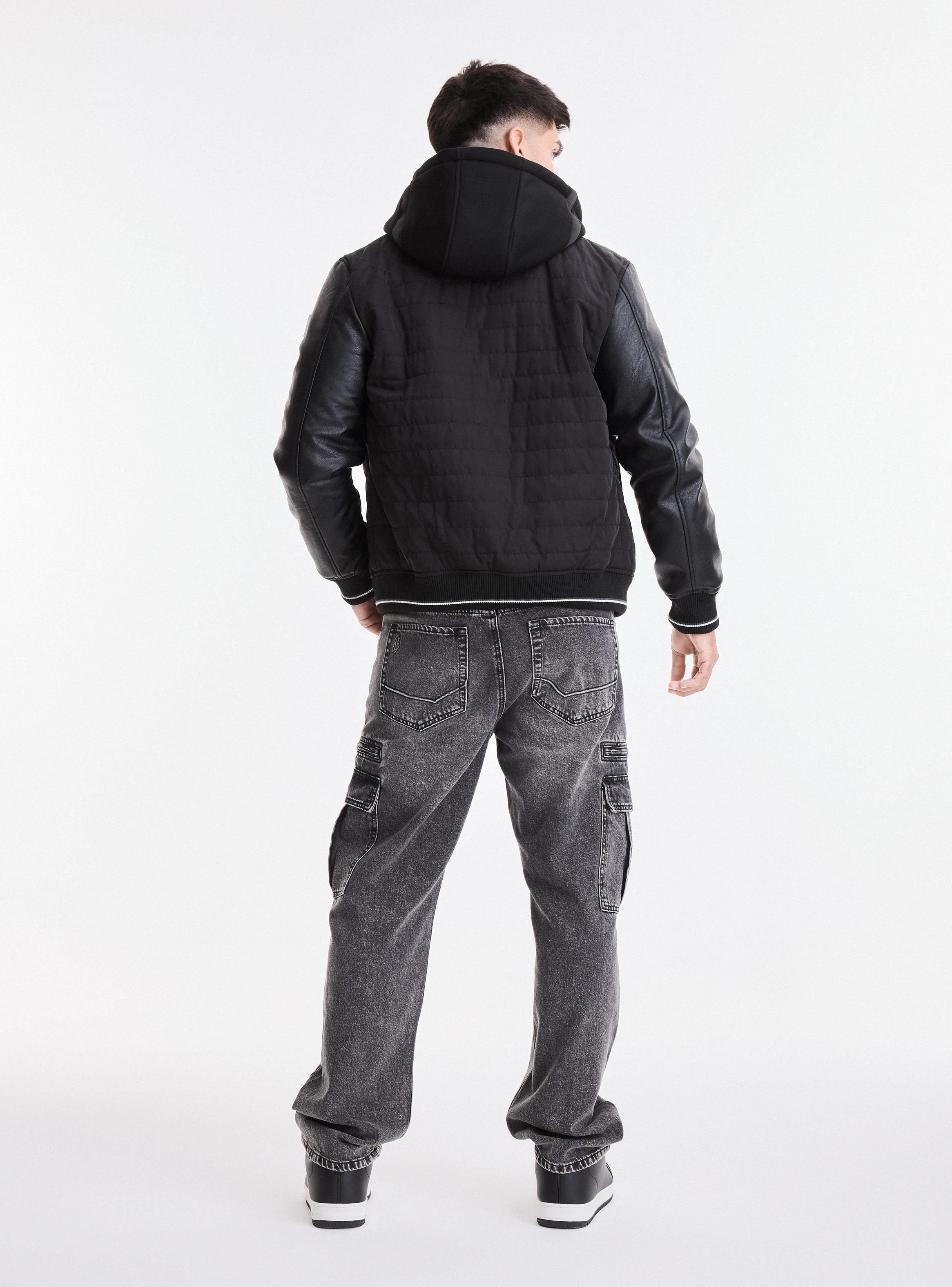 Chaqueta Bomber Capucha Cuero Ecológico y Canvas-5