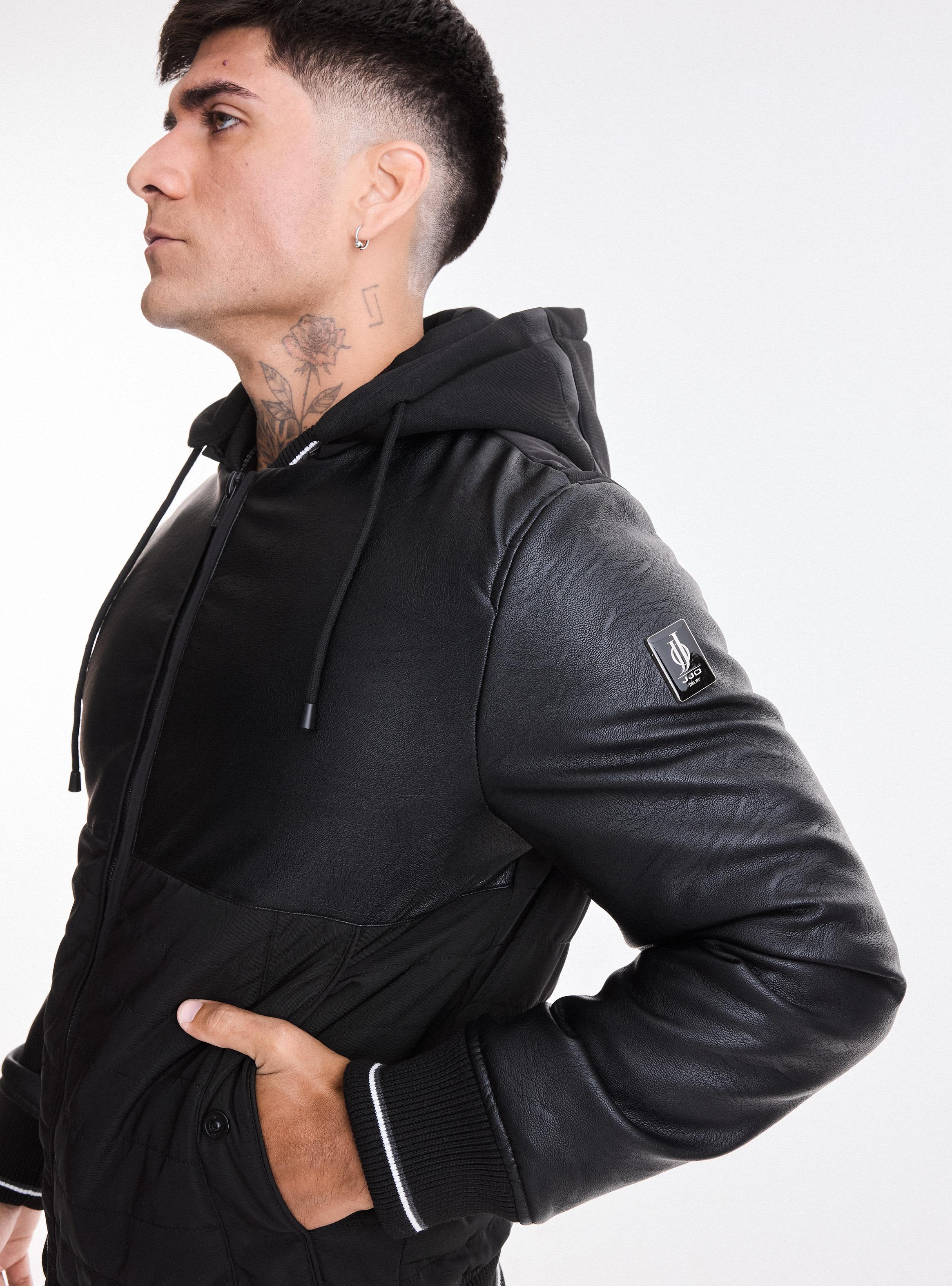 Chaqueta Bomber Capucha Cuero Ecológico y Canvas-3