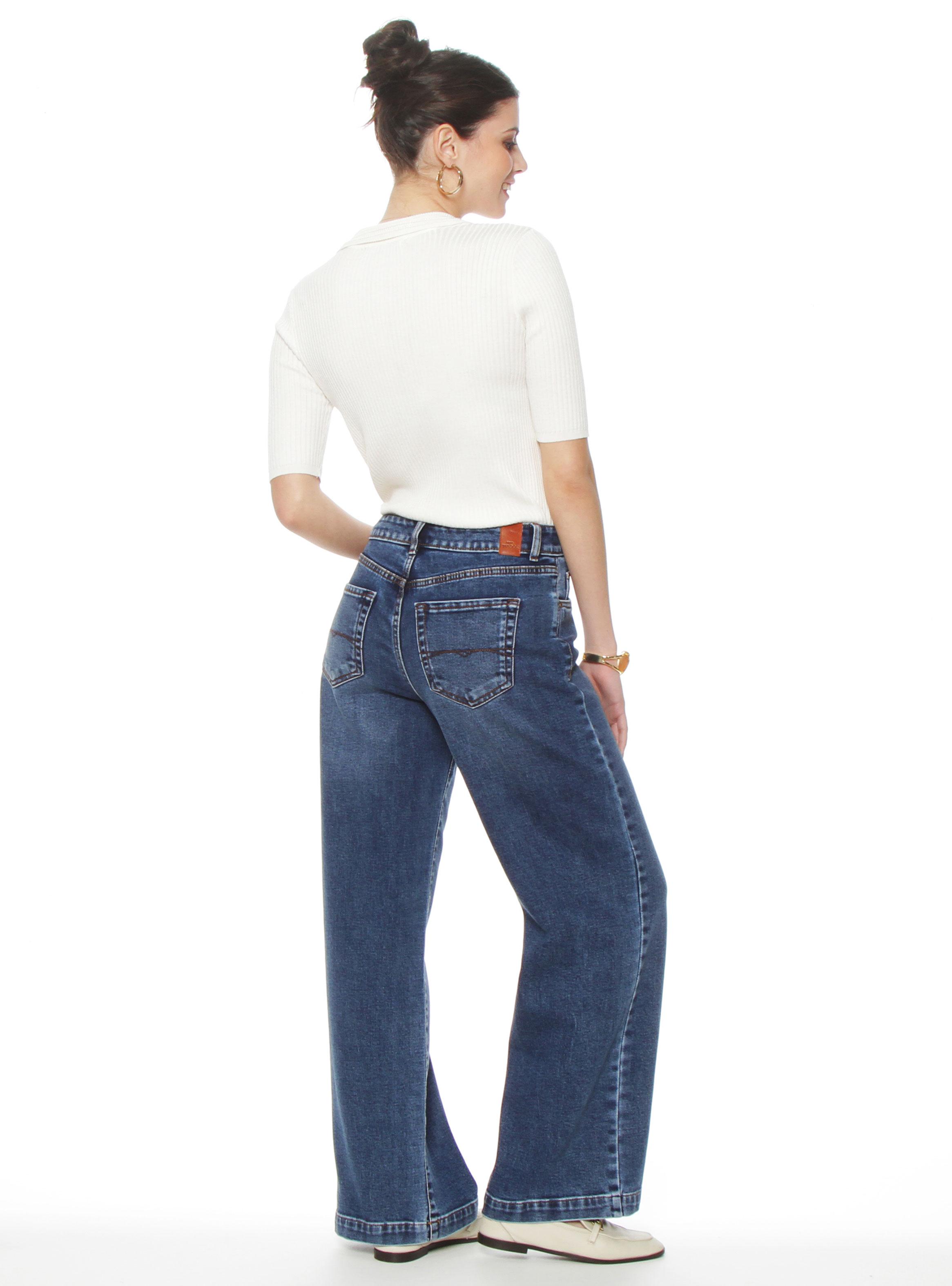 Jeans Wide Leg Tiro Alto Pretina Básica 1 Botón J3015-4