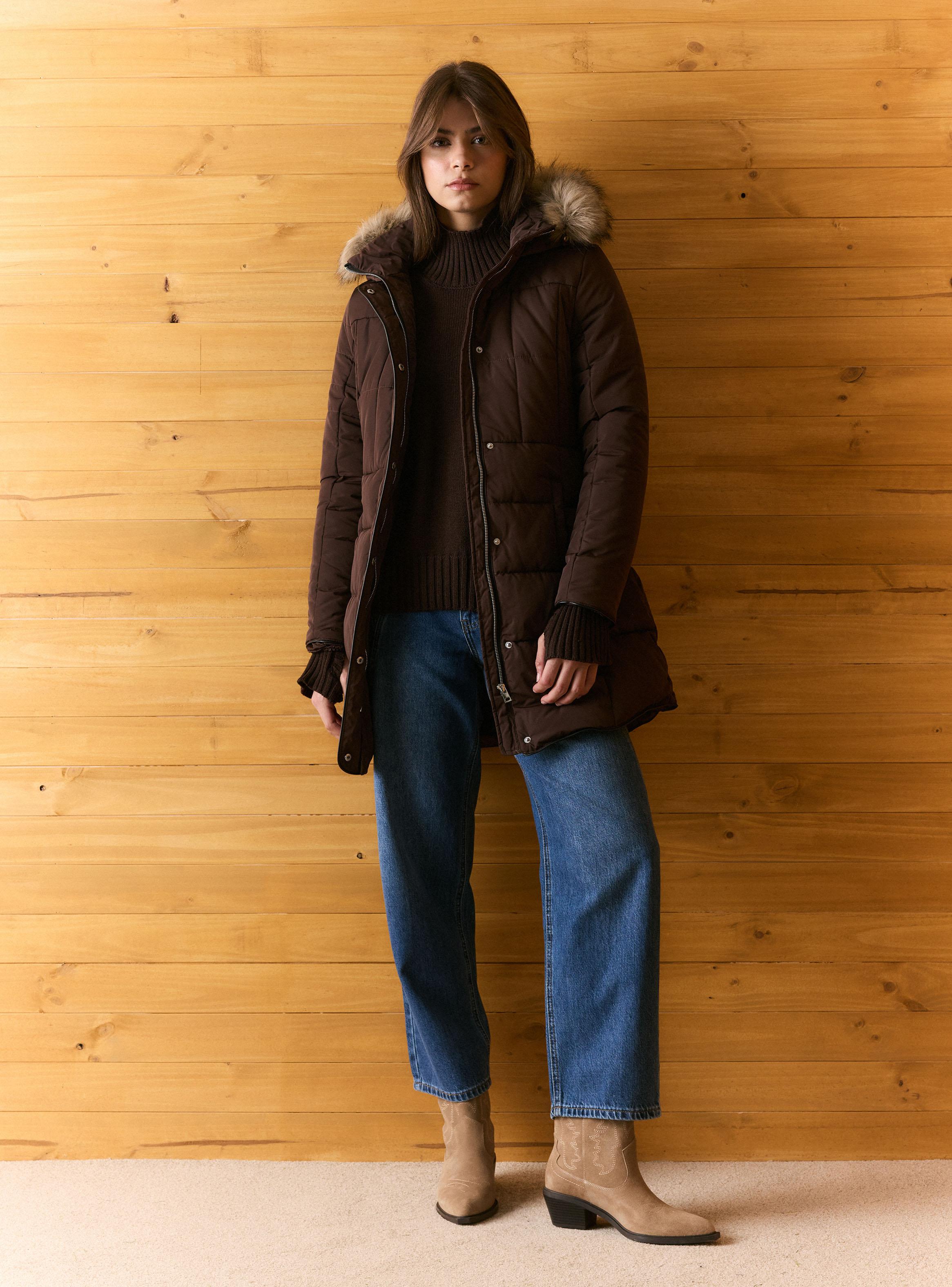 Parka Larga Acolchada con Capucha y Piel Desmontable-4