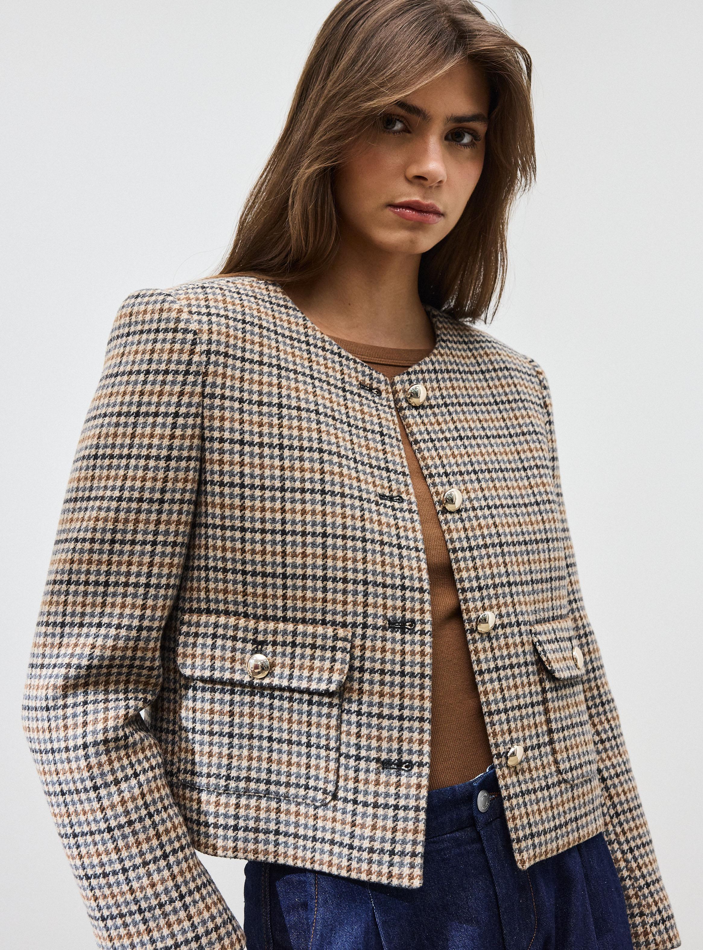 Chaqueta Traje Corta Diseño Cuadros Lana-3