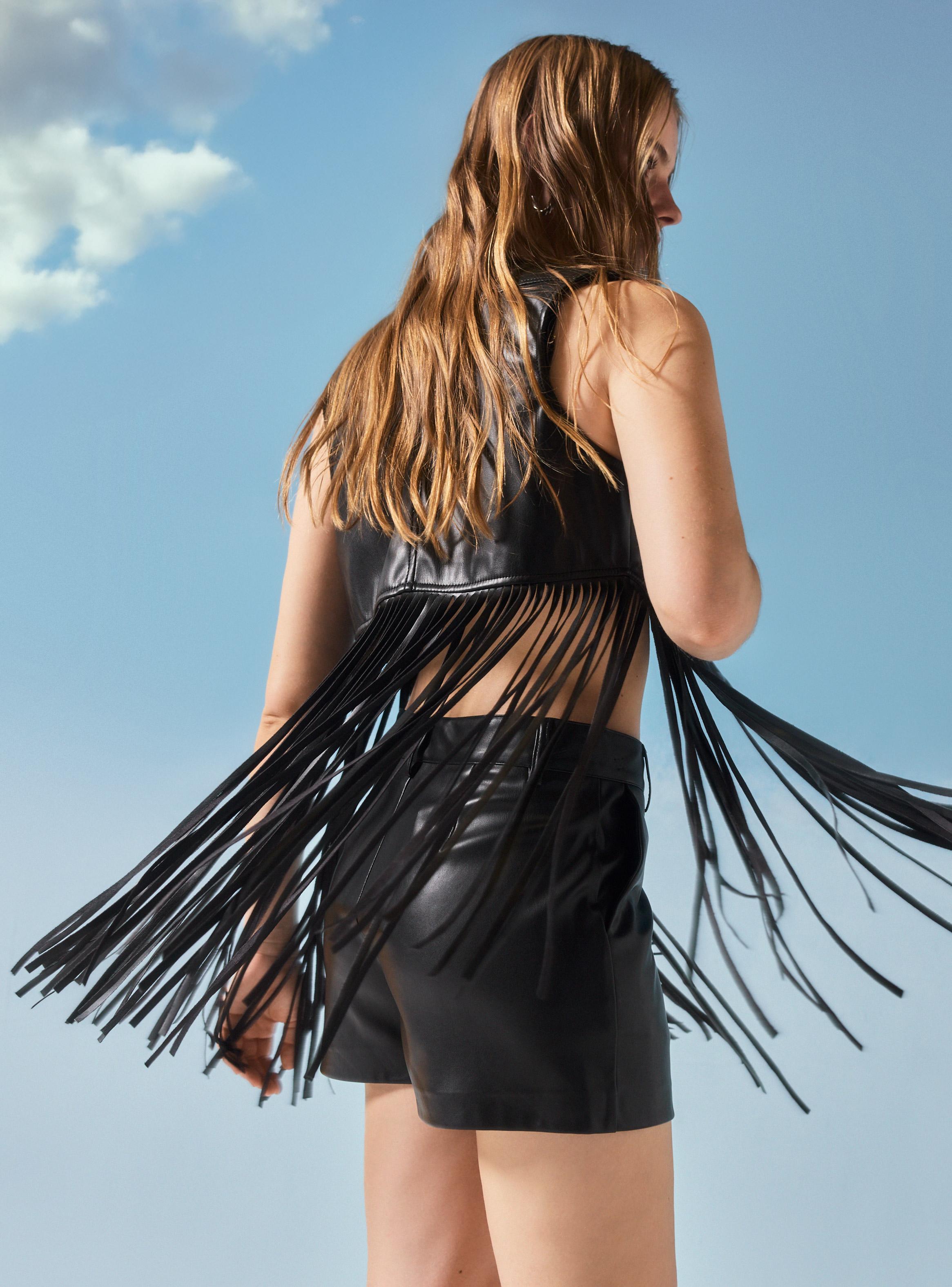 Chaqueta Asimétrico de Cuero Sintético con Flecos Largos-2