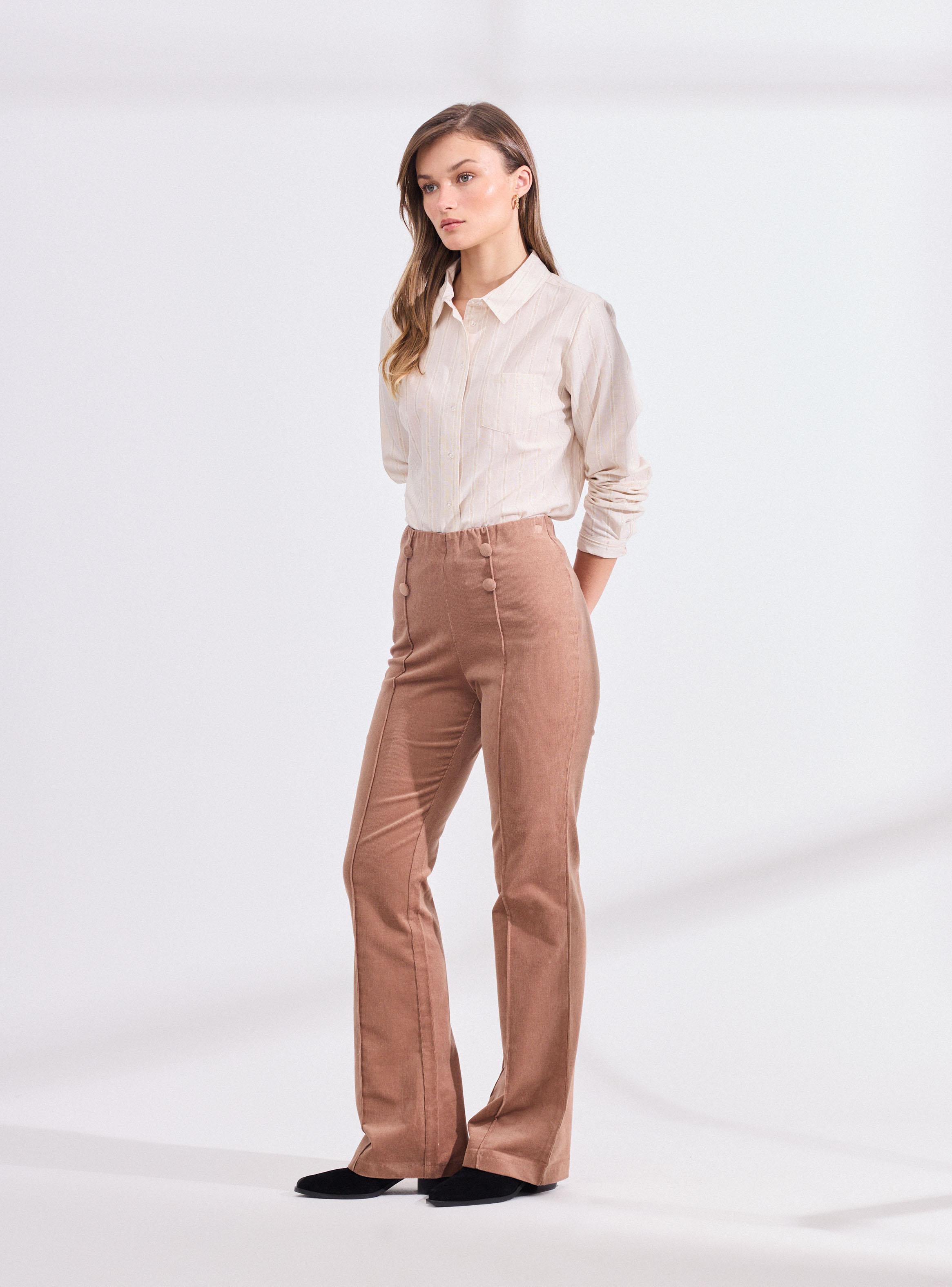 Pantalón de Pana con Diseño Espiga y Botones Decorativos-4